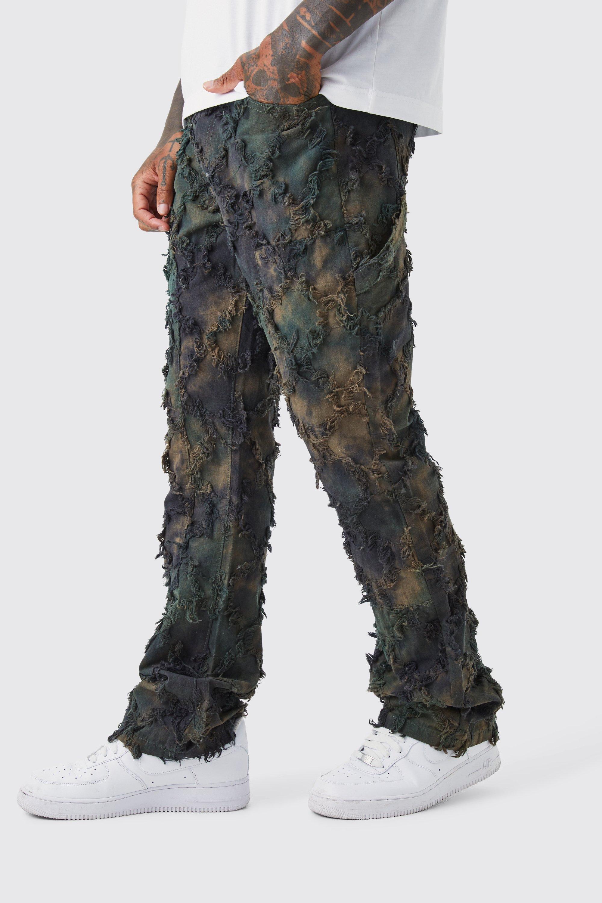 Image of Pantaloni Cargo stile arazzo in fantasia militare effetto petrolio con vita fissa, Verde