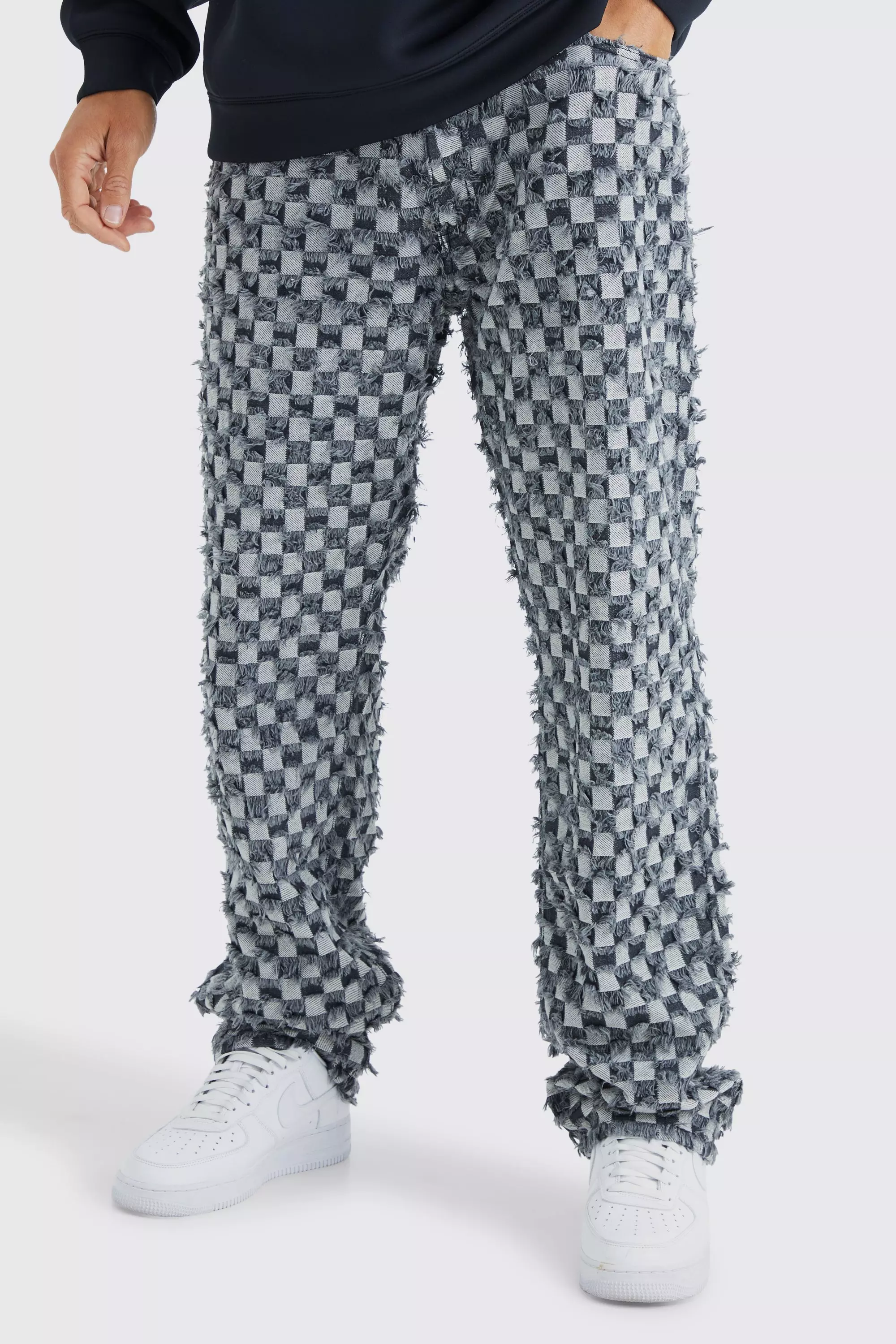 Tall Fixed Waist Relaxed Checked Tapestry Trouser | boohooMAN USA