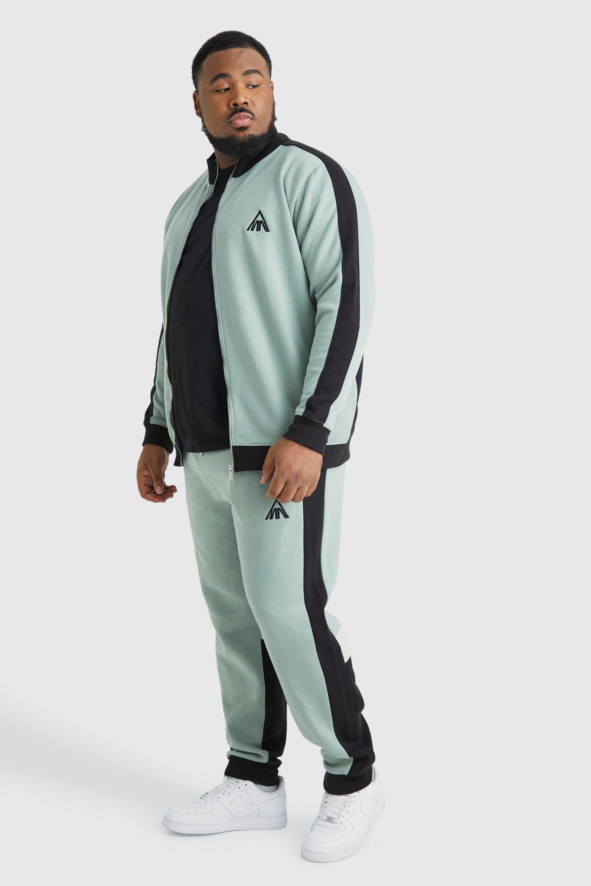 Mens Green Plus Man Panel Funnel Neck Sweatshirt Tracksuit, Green