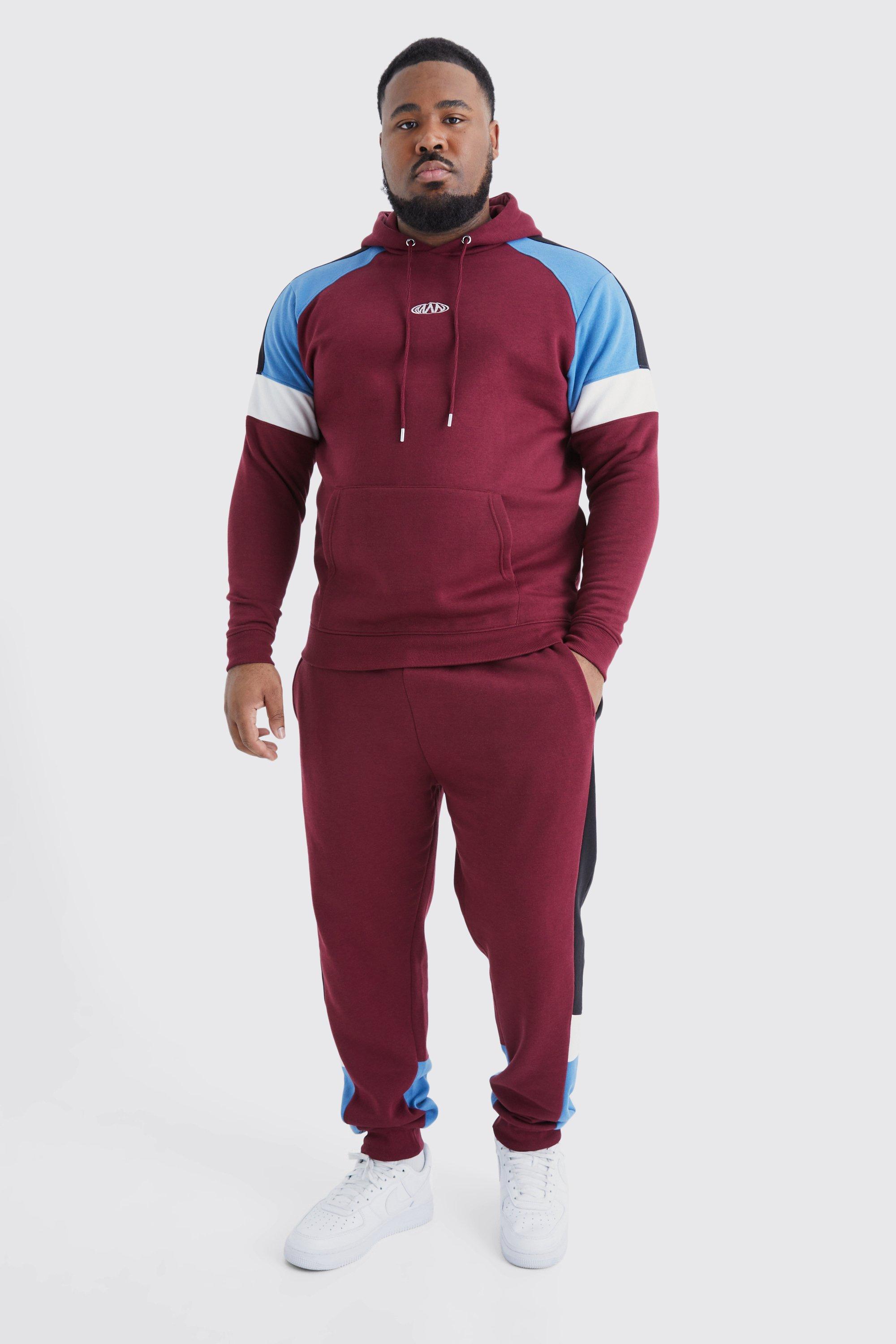 Image of Tuta sportiva Plus Size Man Slim Fit a blocchi di colore con cappuccio, Rosso