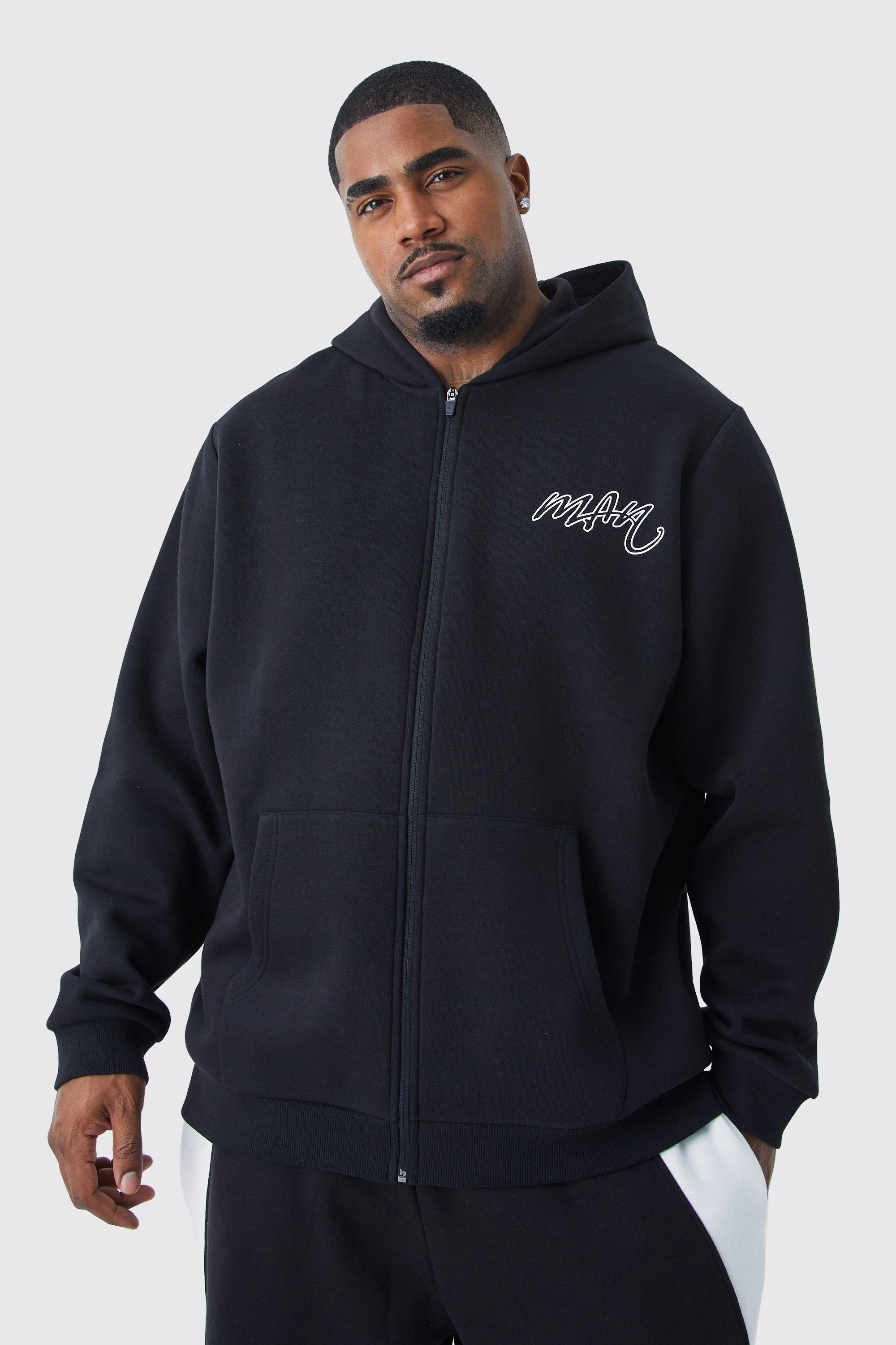 Mens Black Plus Man Boxy Zip Through Hoodie, Black