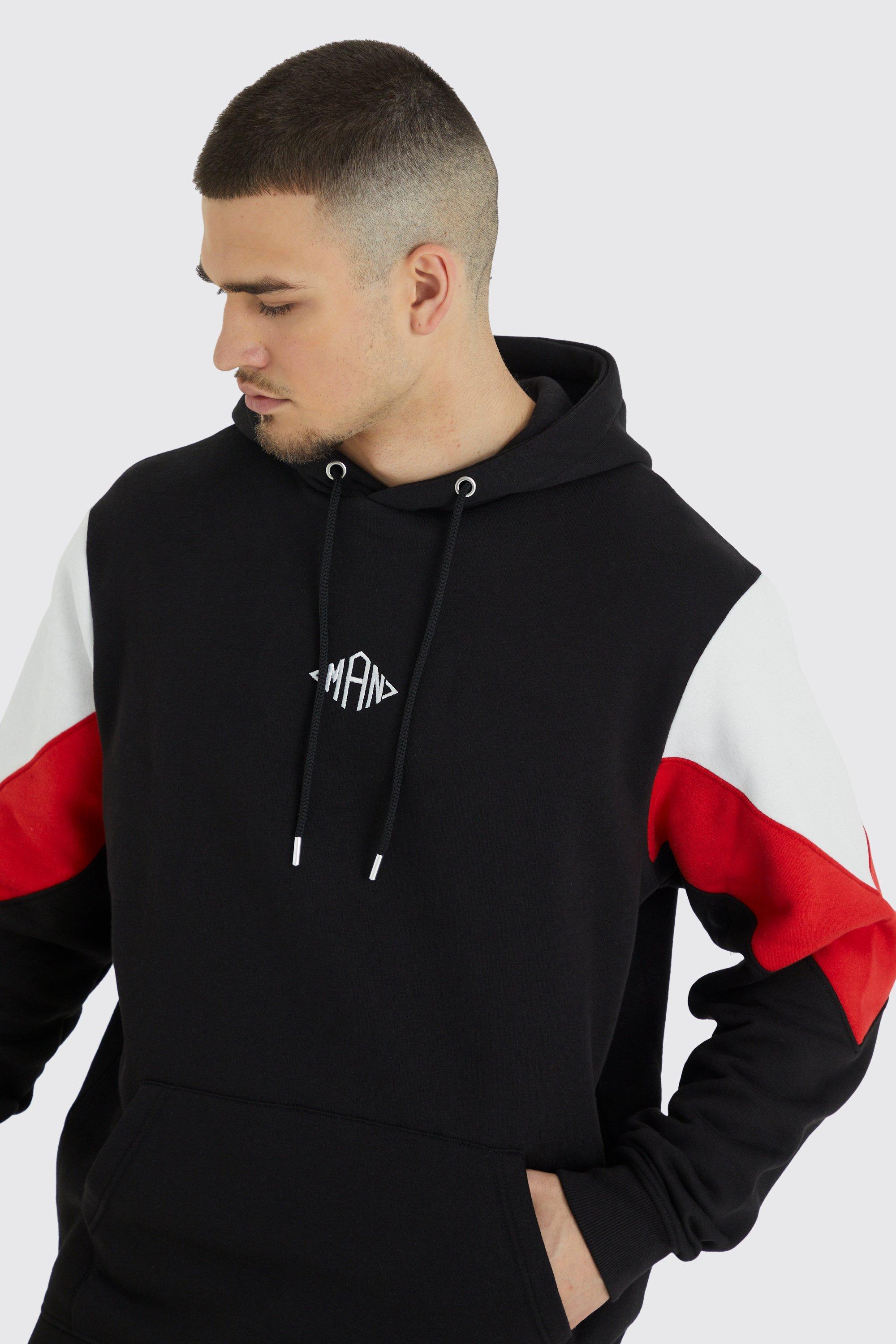Mens Red Tall Man Colour Block Hoodie, Red