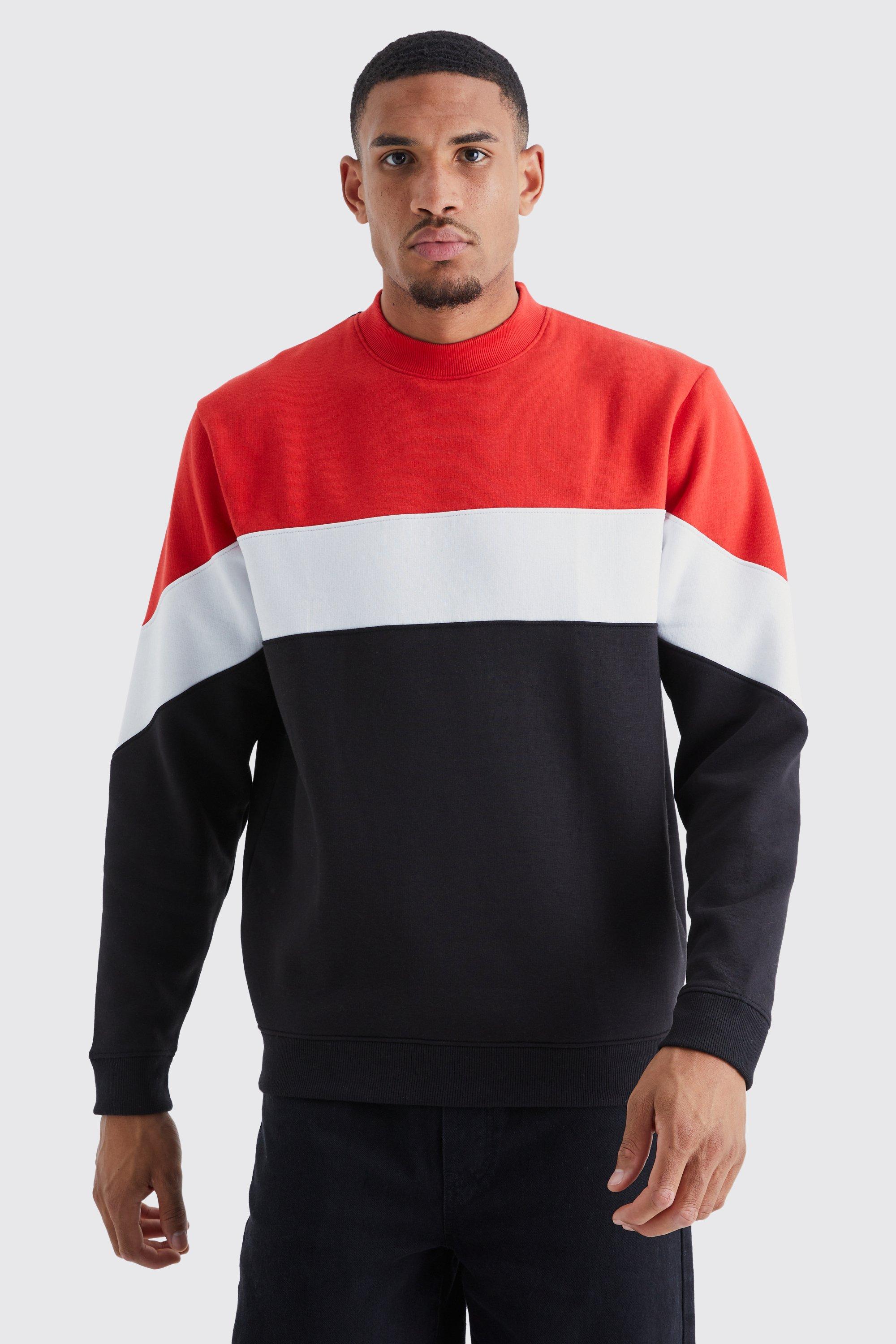 Mens Red Tall Colour Block Extended Neck Sweatshirt, Red
