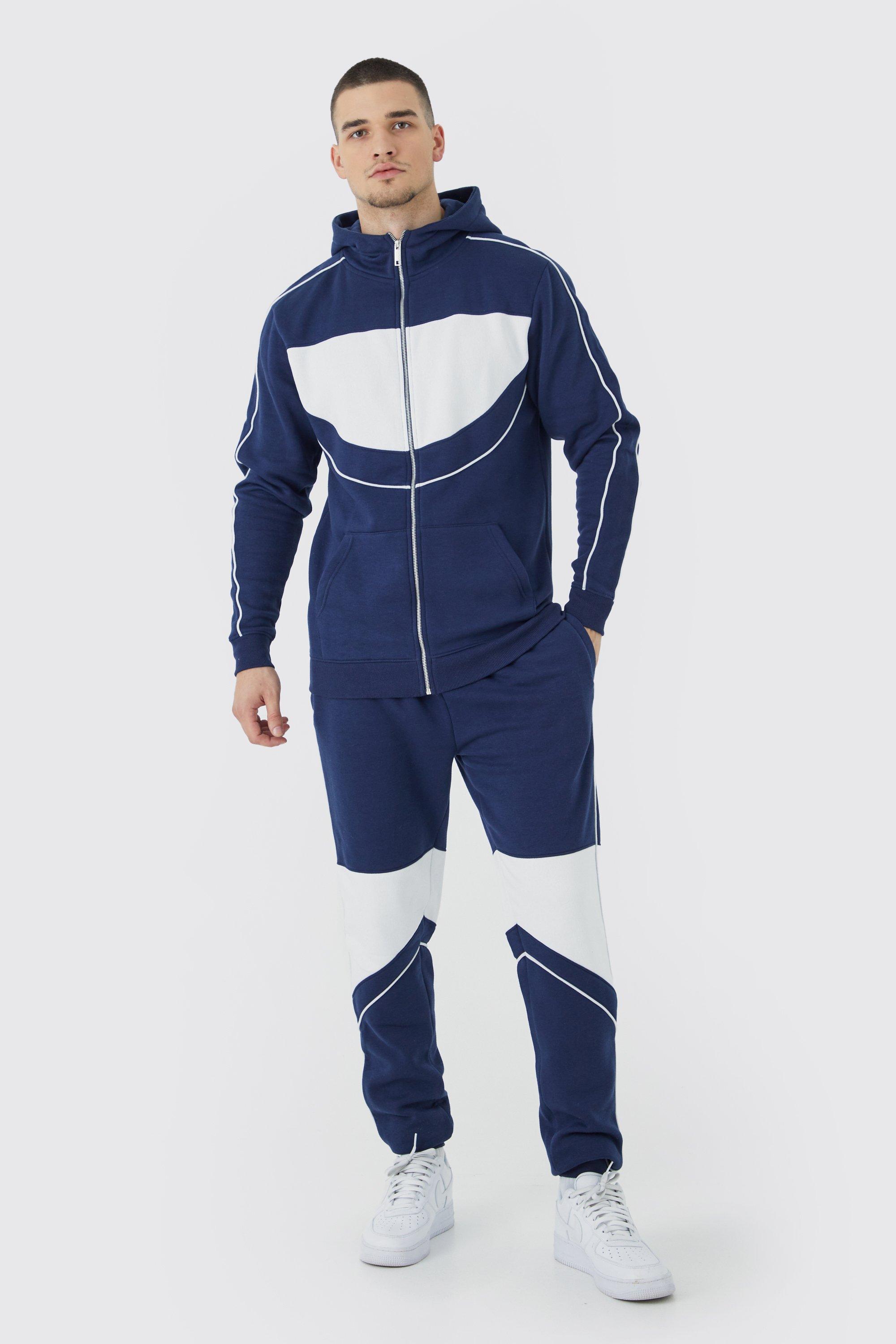 Mens Navy Tall Slim Colour Block Funnel Hooded Tracksuit, Navy