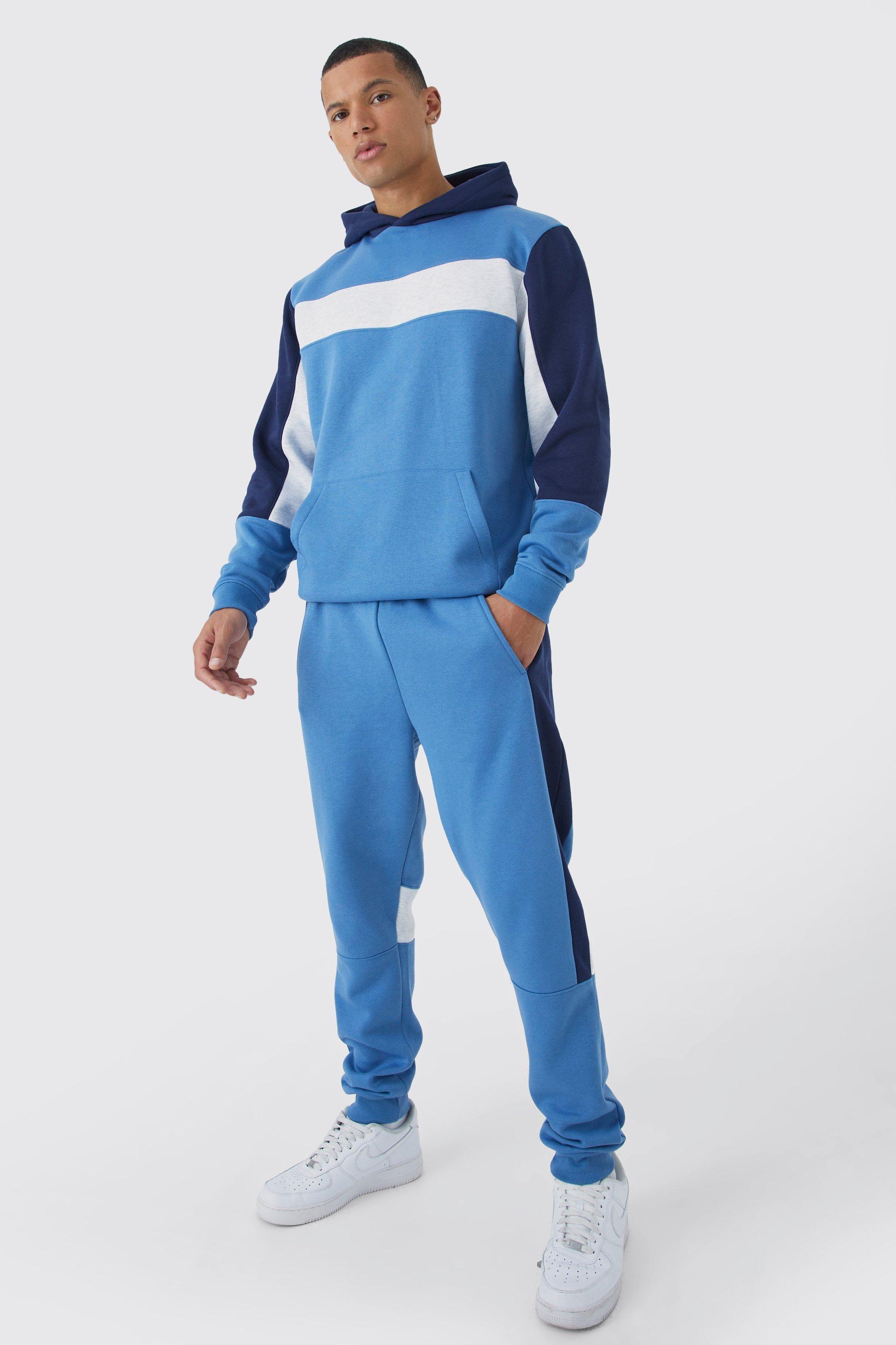 Mens Blue Tall Colour Block Panel Hooded Tracksuit, Blue