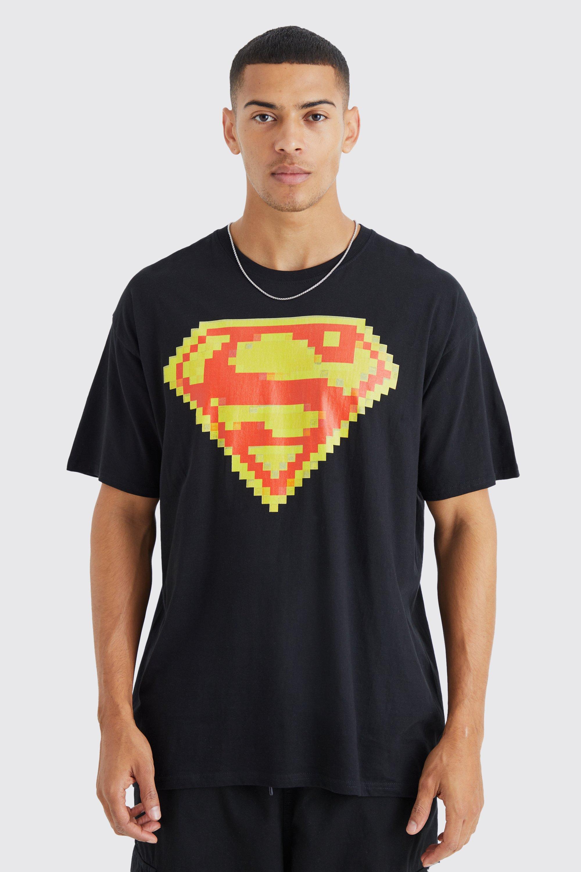 Mens Black Oversized Pixel Superman License T-shirt, Black