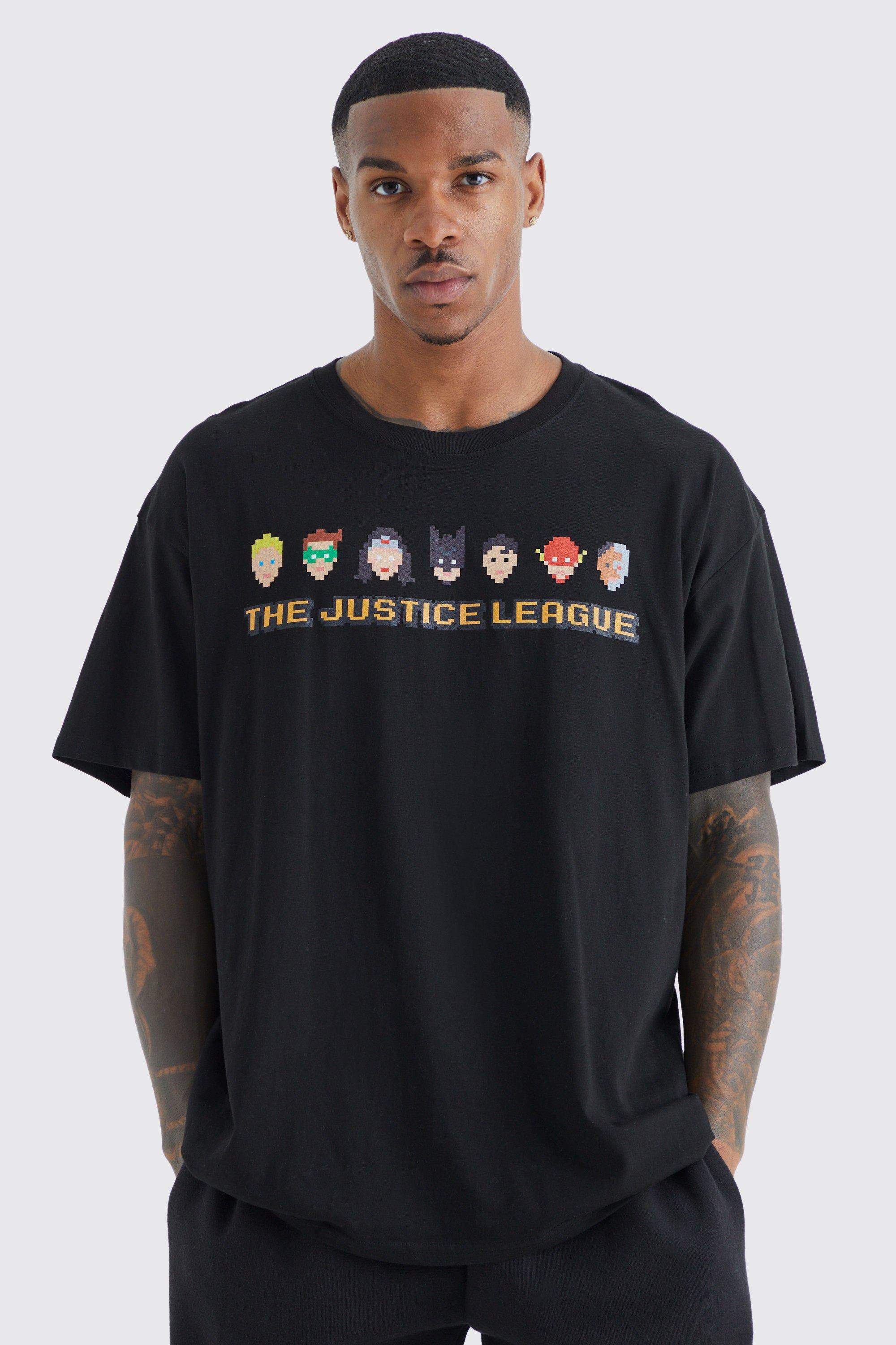Mens Black Oversized Pixel Justice League License T-shirt, Black