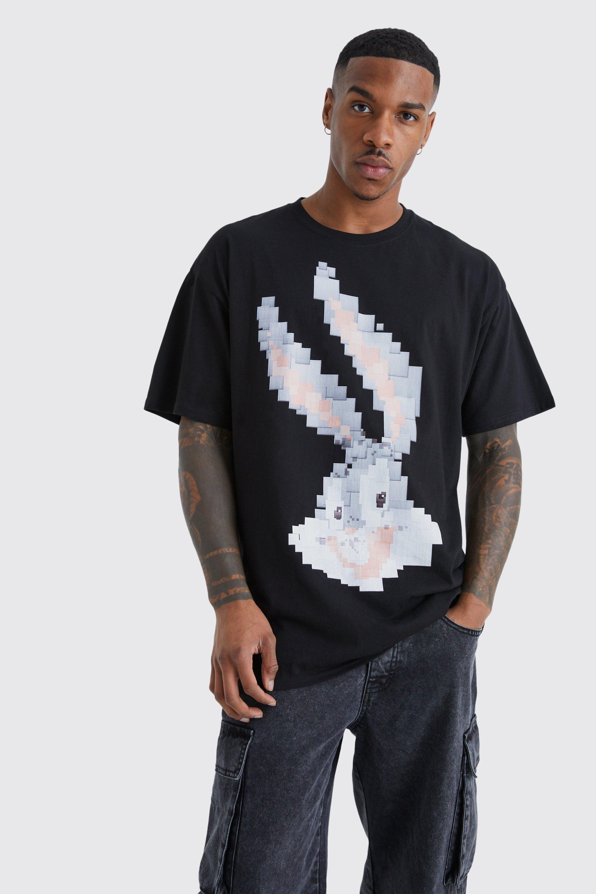 Mens Black Oversized Pixel Bugs Bunny License T-shirt, Black