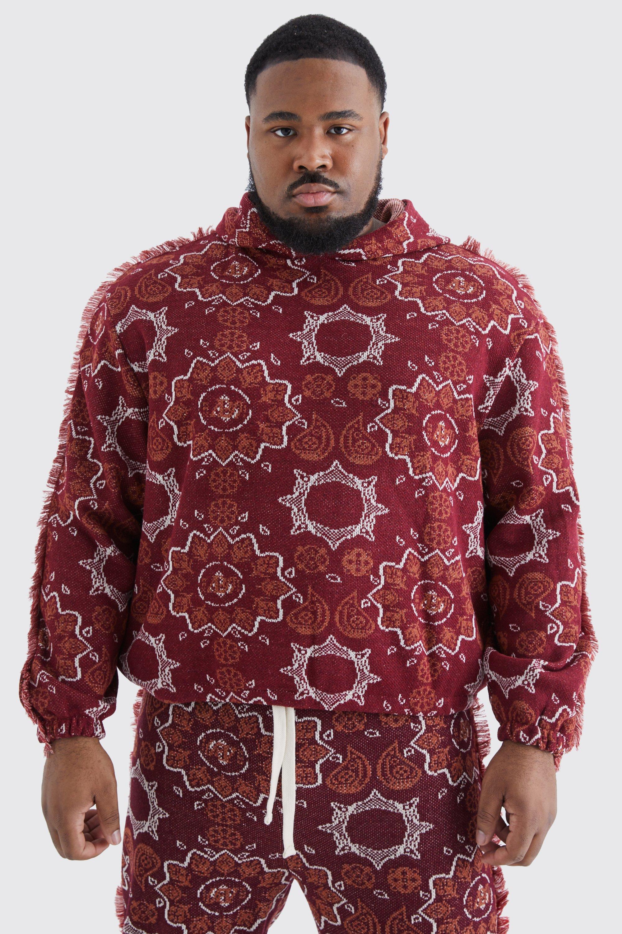 Mens Red Plus Oversized Fringed Heavyweight Jacquard Tapestry Hoodie, Red