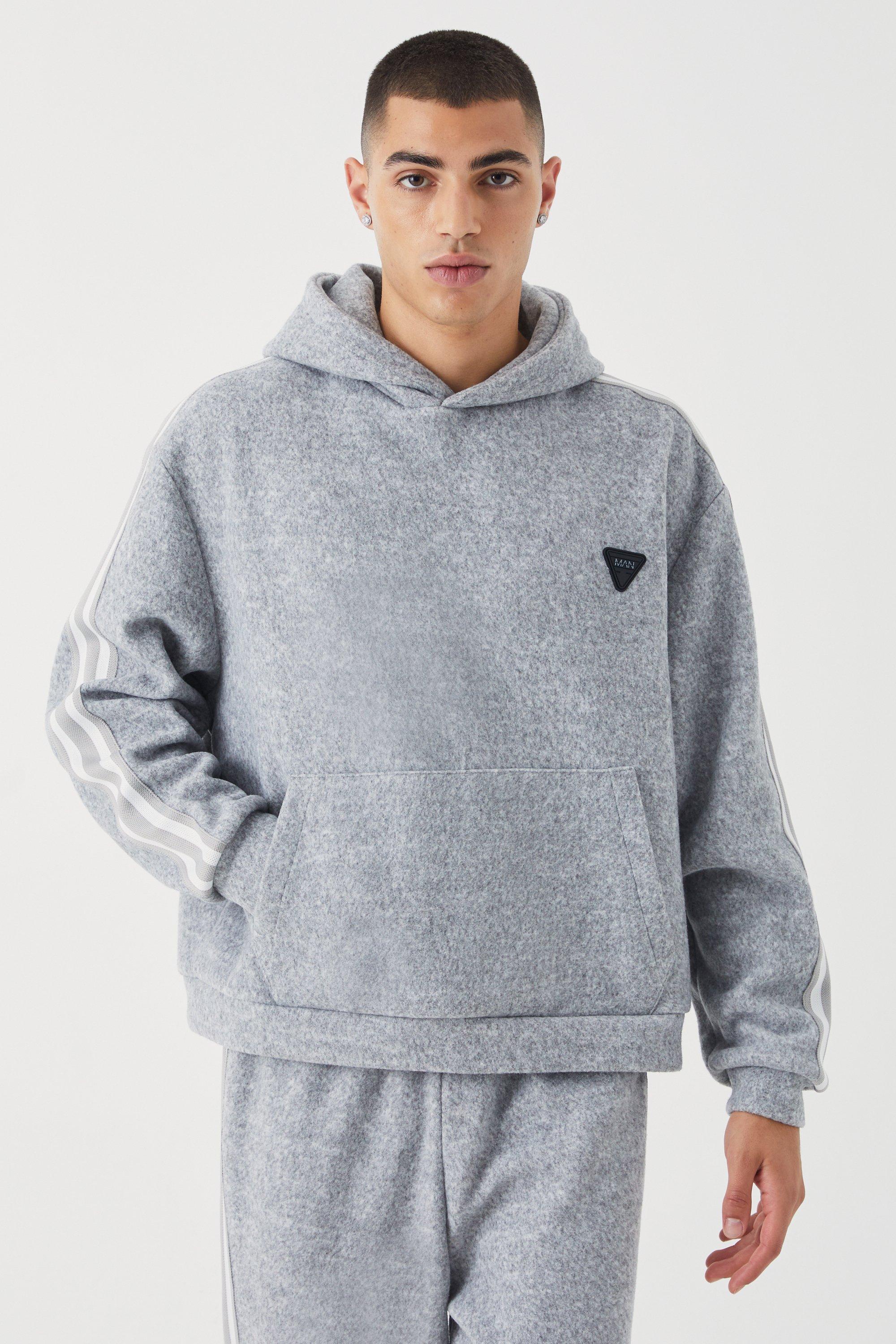 Mens Grey Oversized Brushed Heavyweight Taped Hoodie, Grey