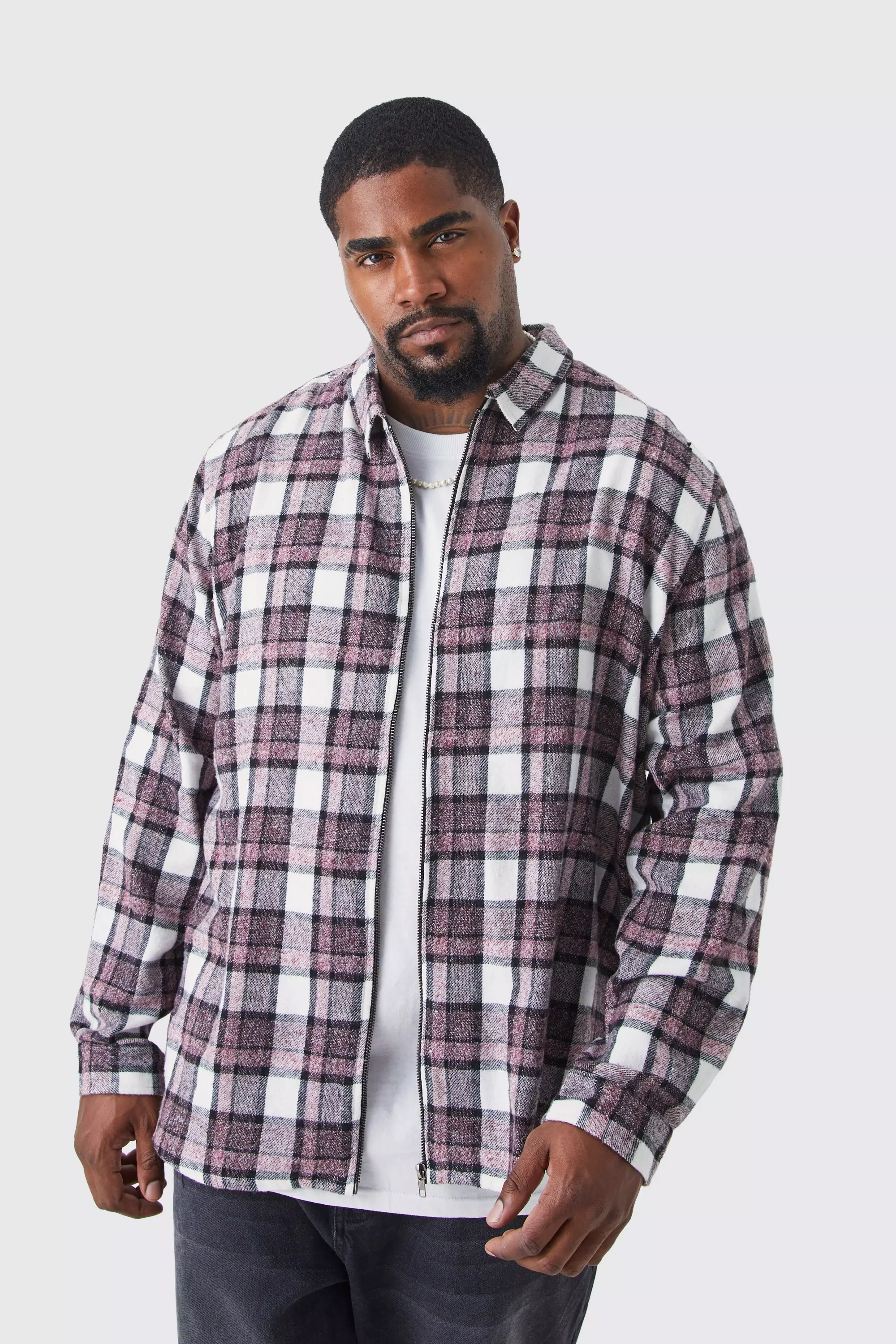 Plus Longsleeve Check Flannel Zip Overshirt