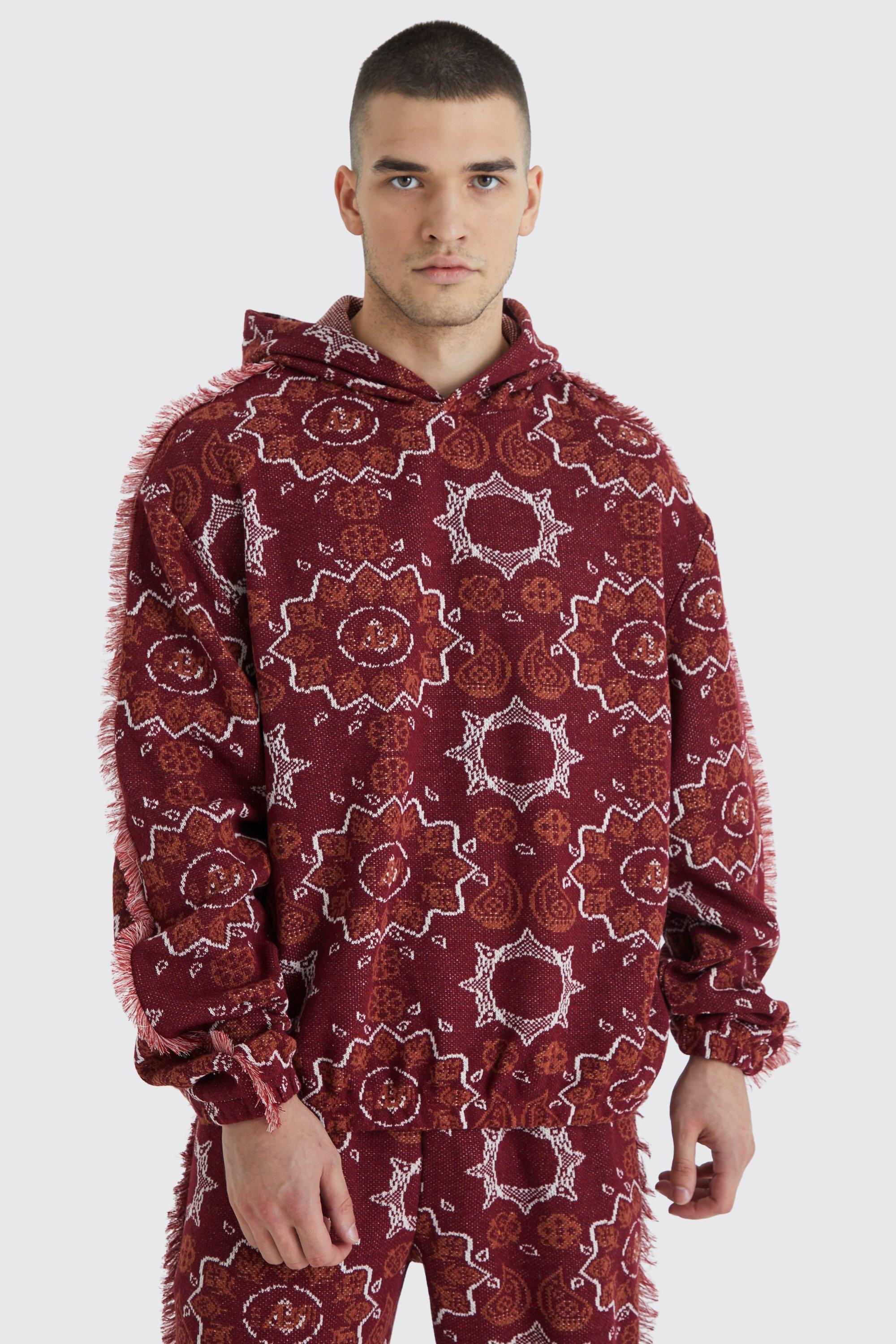 Mens Red Tall Oversized Fringed Heavyweight Jacquard Tapestry Hoodie, Red