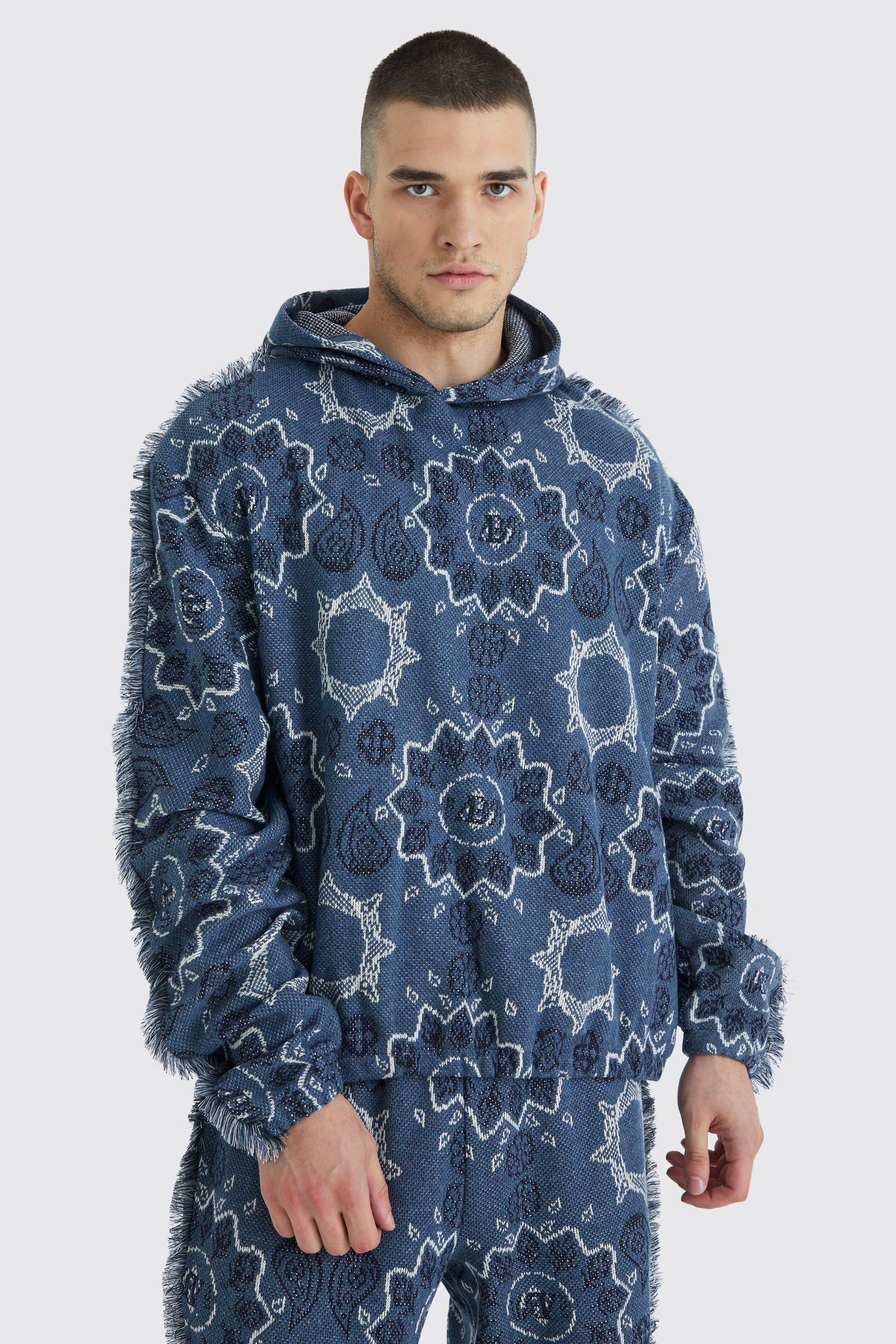 Mens Blue Tall Oversized Fringed Heavyweight Jacquard Tapestry Hoodie, Blue