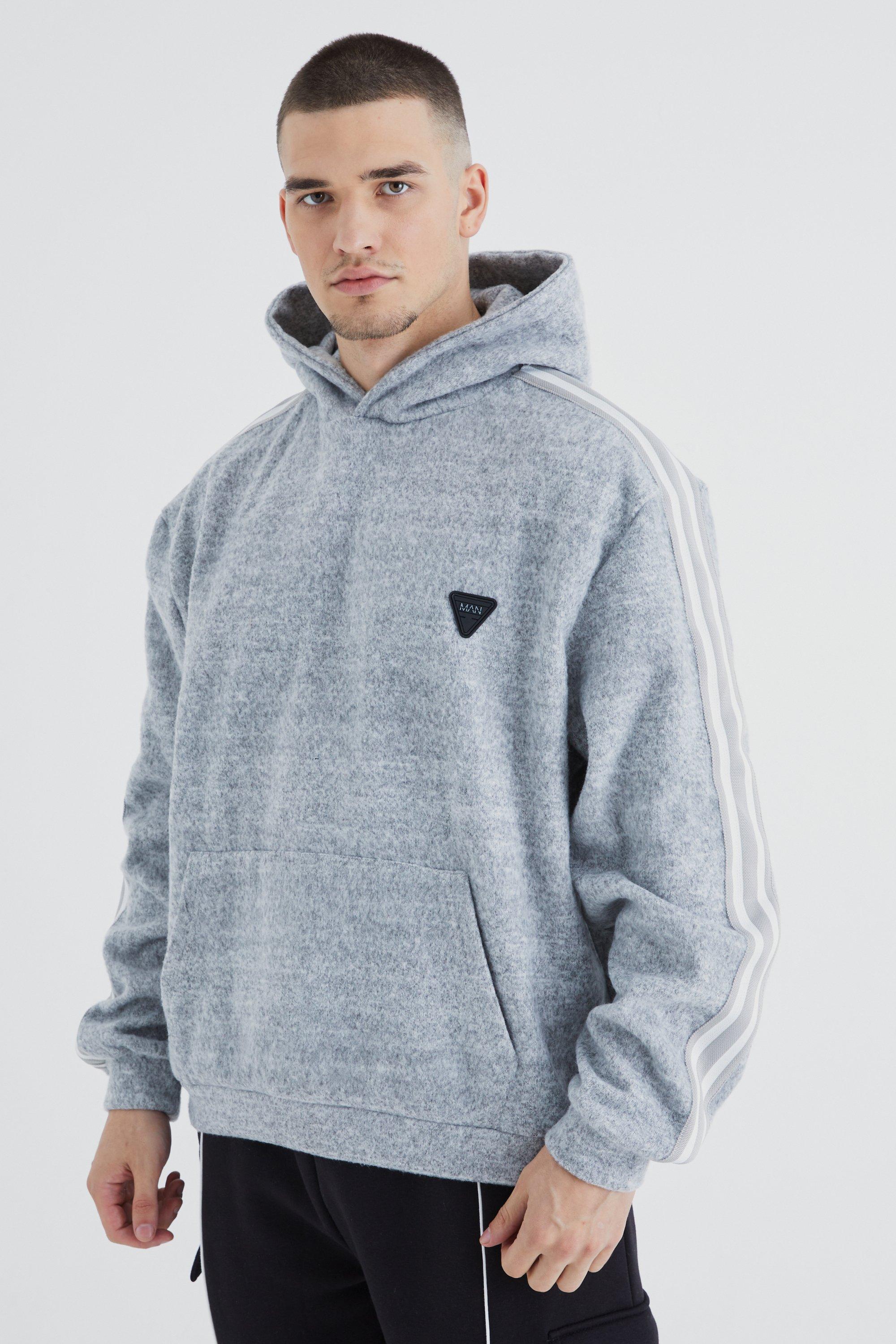 Mens Grey Tall Oversized Brushed Heavyweight Taped Hoodie, Grey