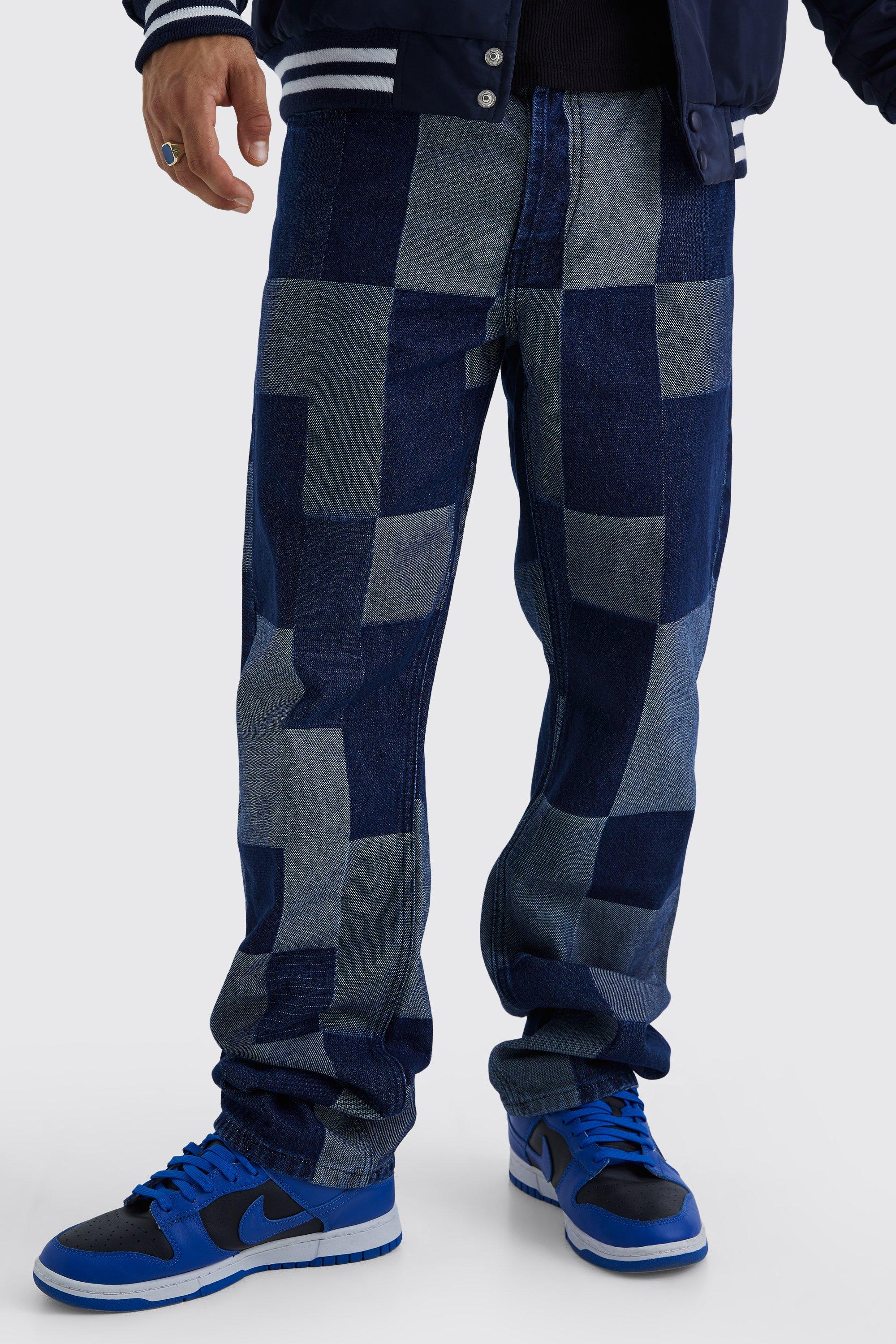 Mens Blue Relaxed Rigid Patchwork Jeans, Blue