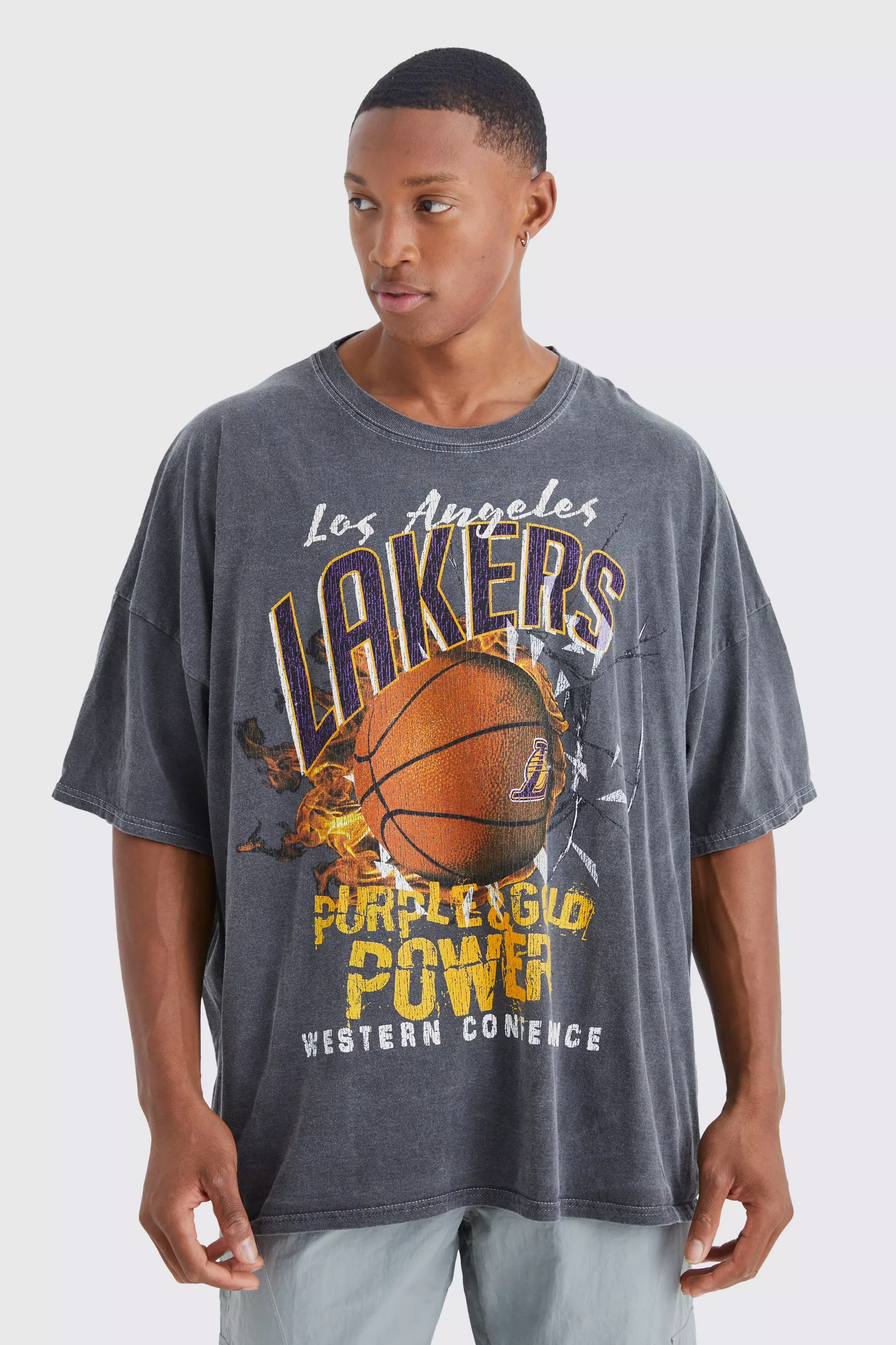 boohooMAN Mens La Lakers NBA Acid Wash License T Shirt - Grey