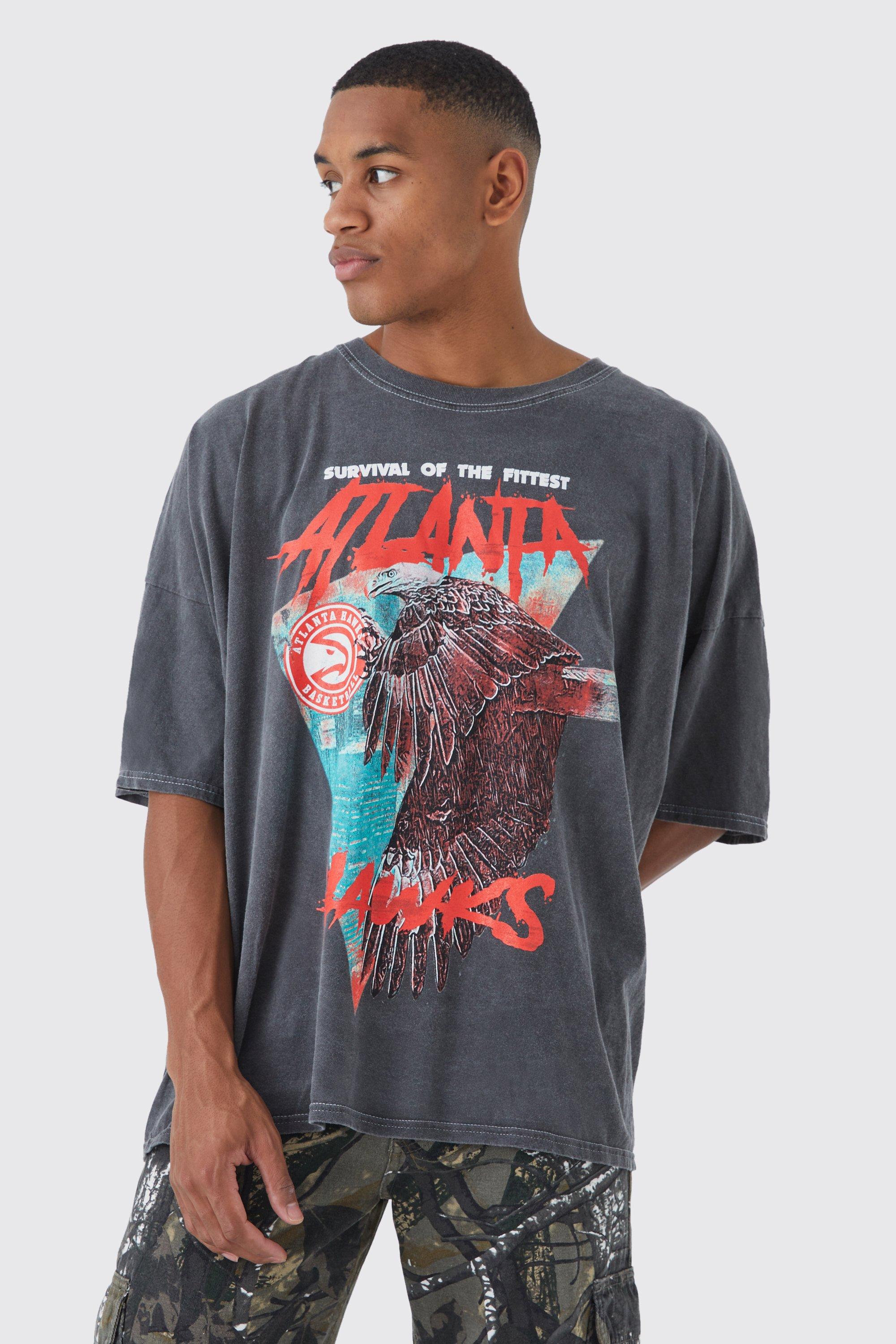 Mens Grey Atlanta Hawks NBA Acid Wash License T Shirt, Grey