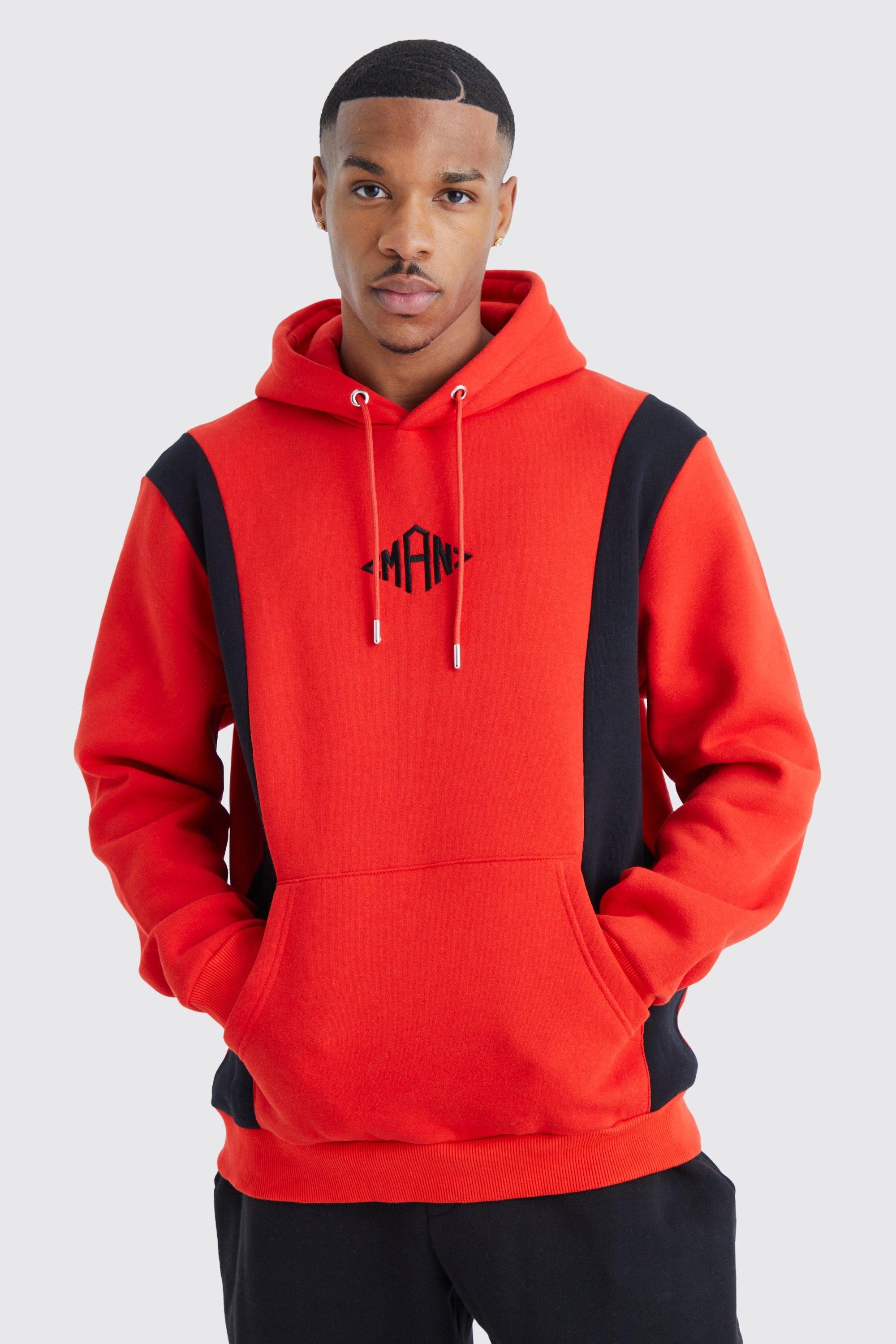 men's man colour block hoodie - red - xl, red