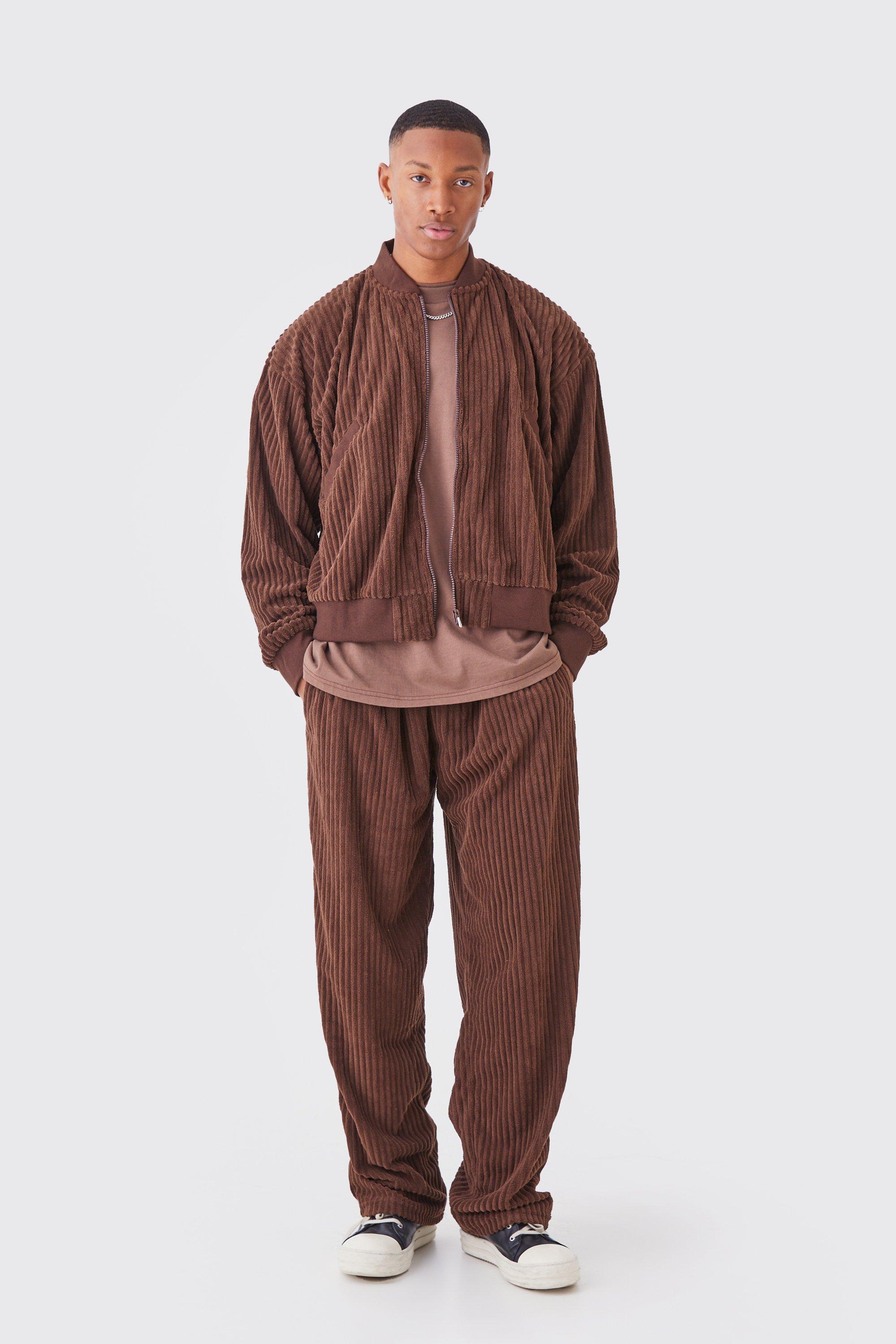 Mens Brown Chenille Rib Boxy Bomber Jacket & Relaxed Waist Trouser Set, Brown
