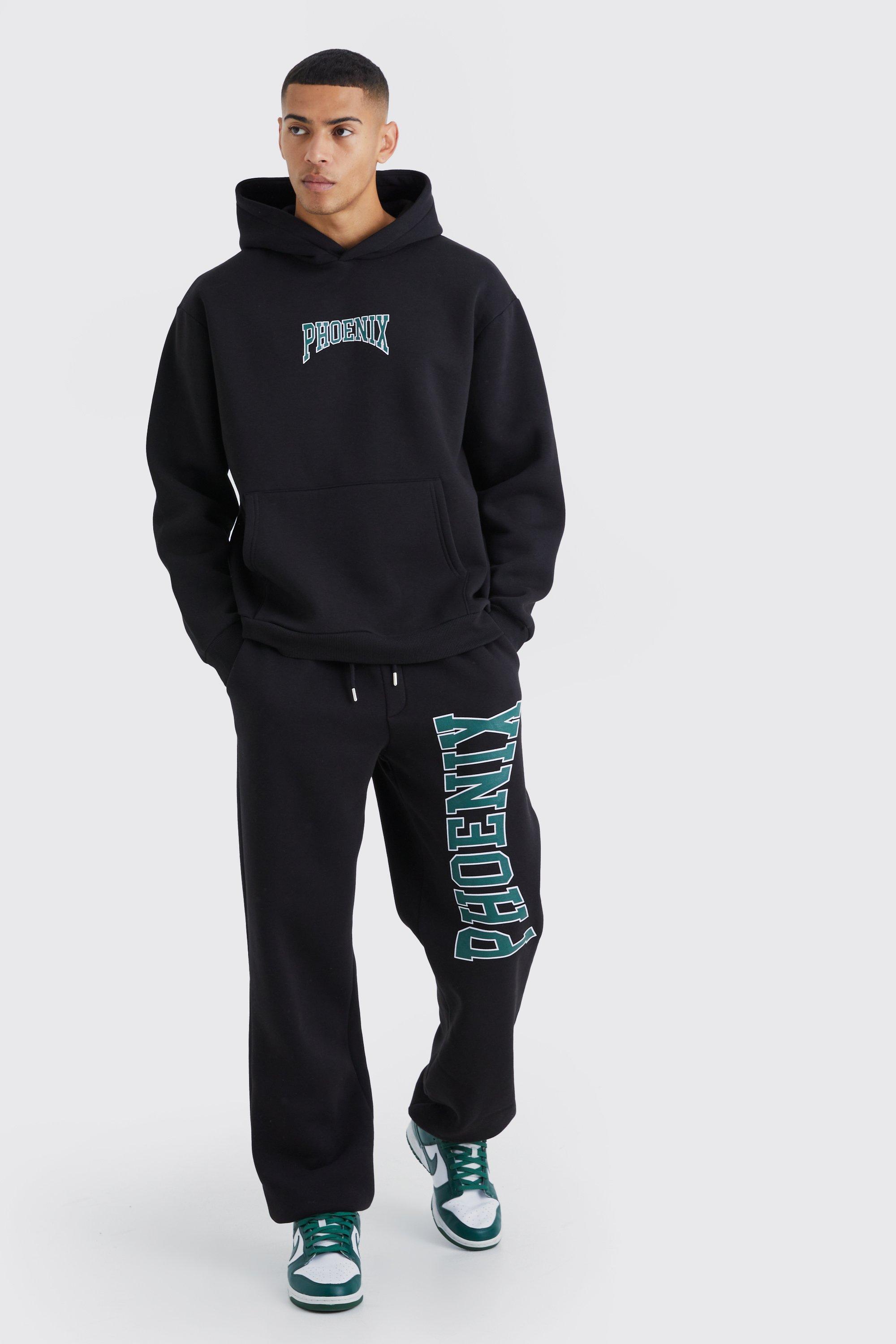 Mens Black Phoenix Oversized Hooded Tracksuit, Black