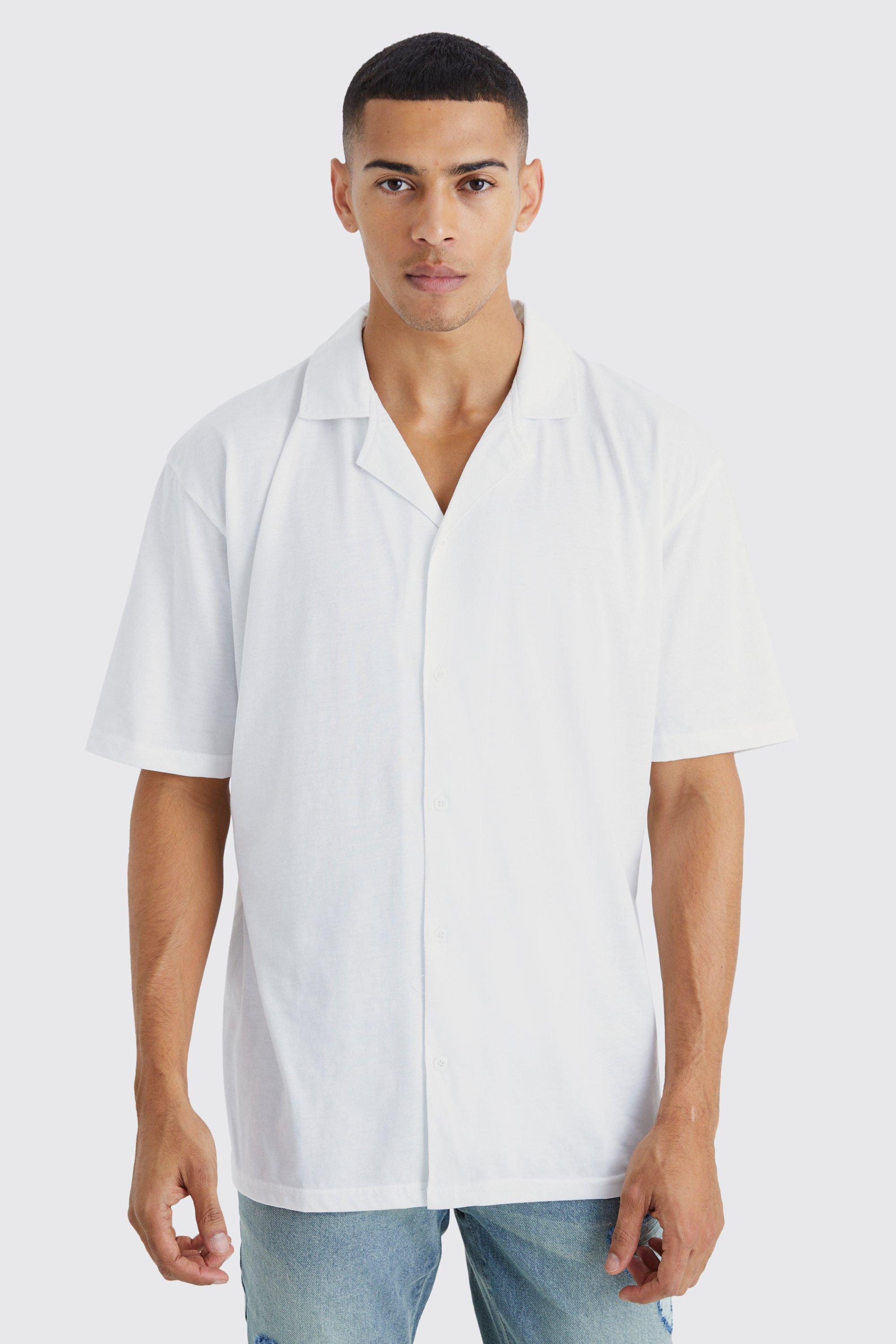 Mens White Short Sleeve Oversized Boxy Revere Jersey Shirt, White