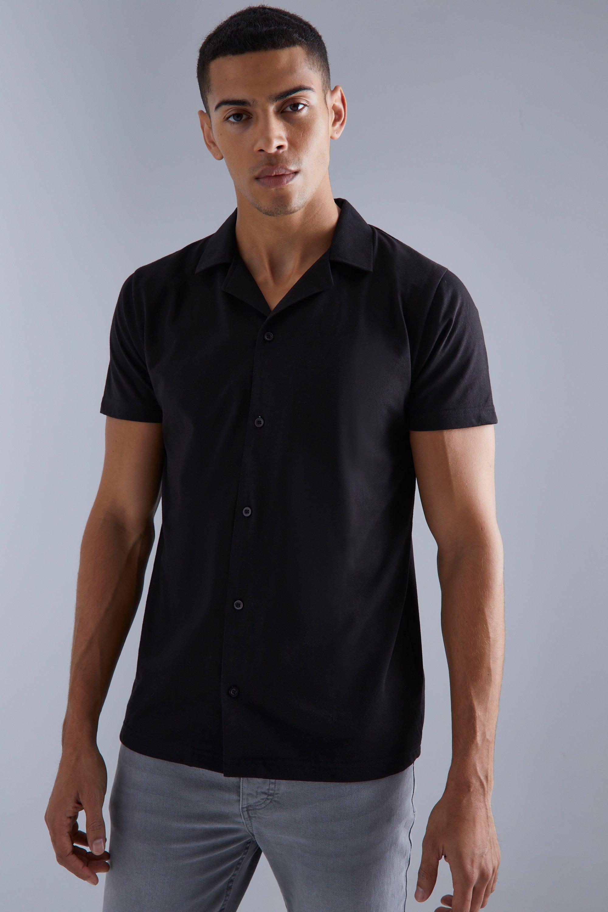 Mens Black Short Sleeve Regular Revere Jersey Shirt, Black