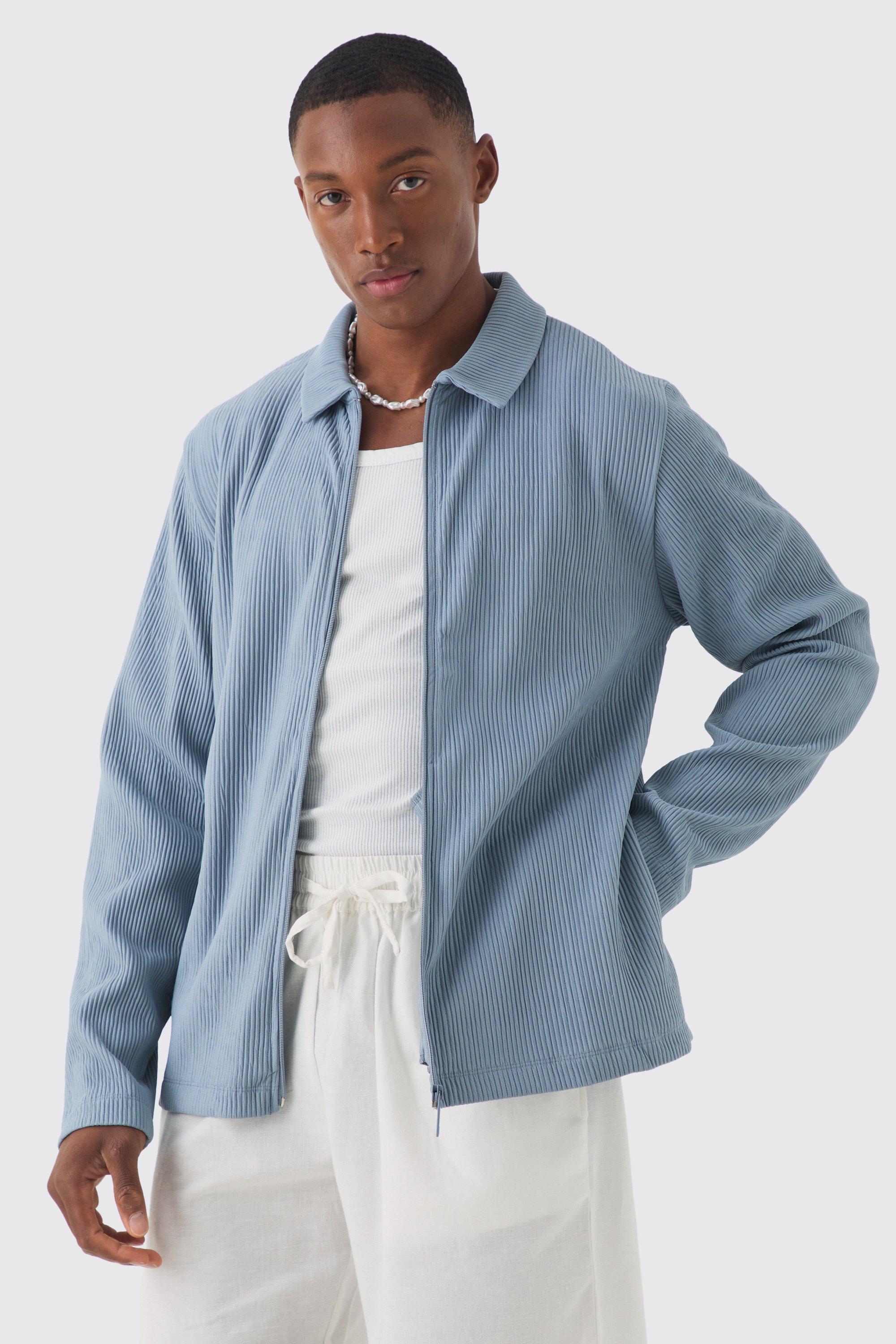 Mens Blue Heavy Pleated Zip Through Overshirt, Blue