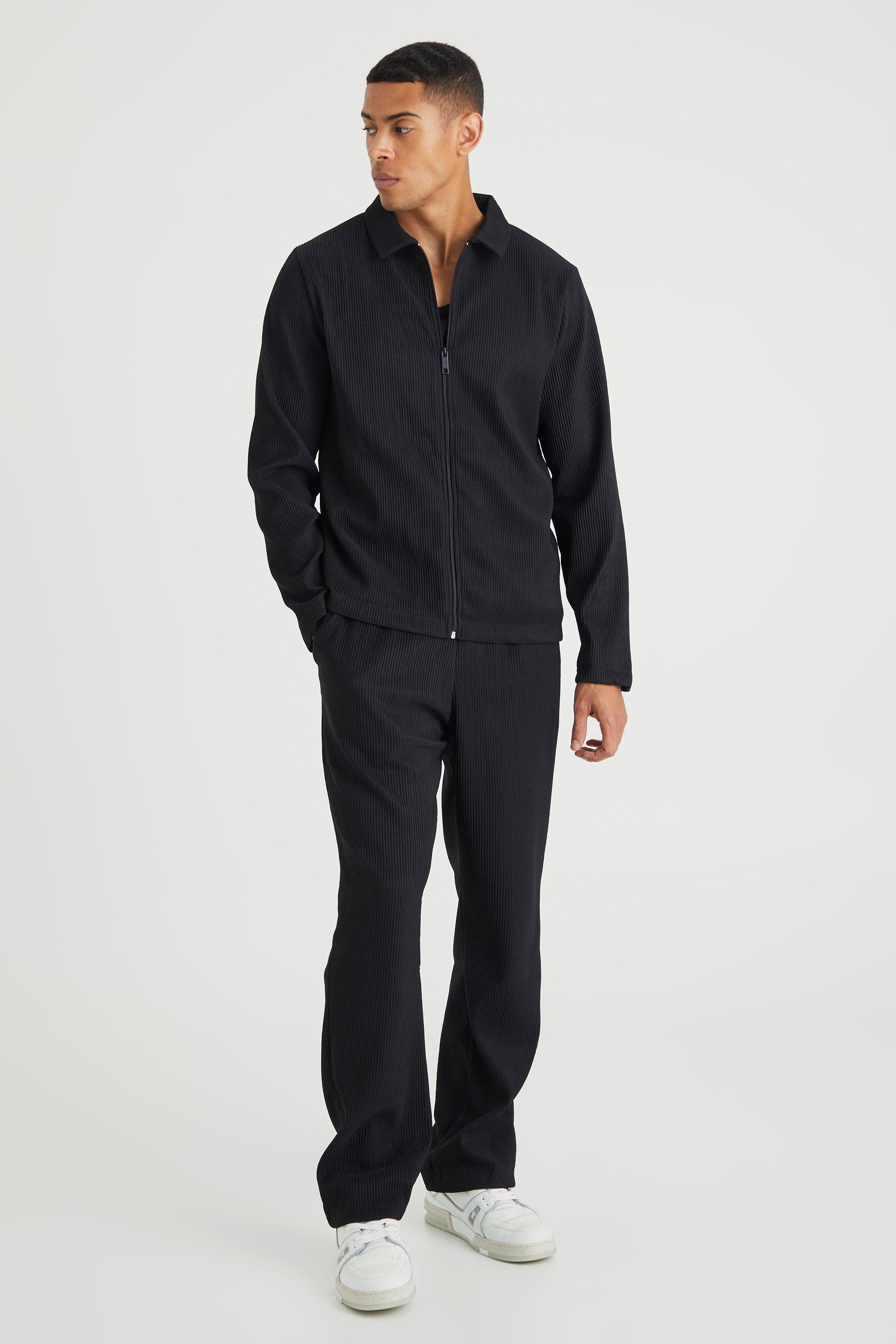 Mens Black Heavy Pleated Overshirt & Trouser Set, Black