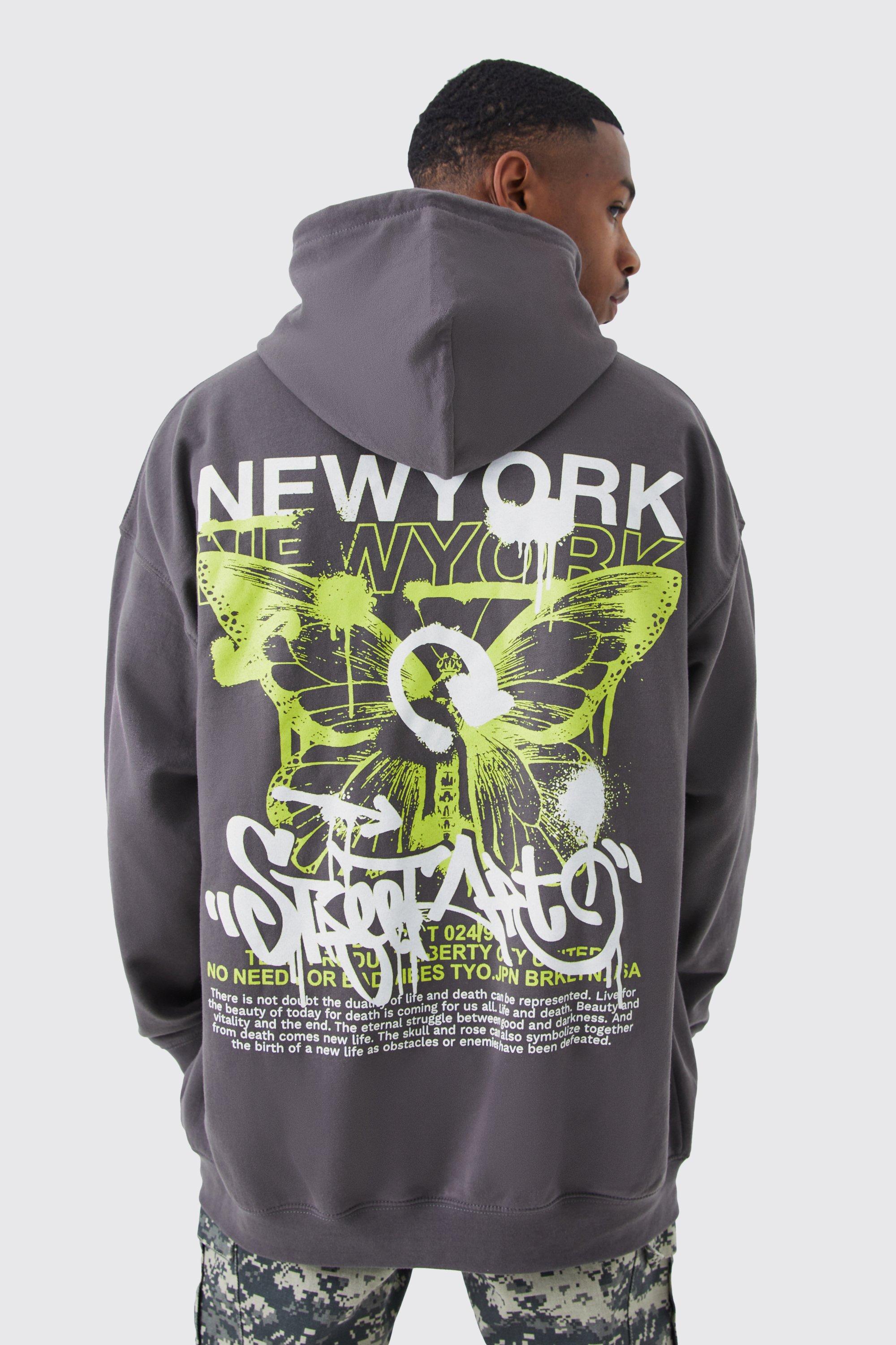 Mens Grey Oversized New York Butterfly Hoodie, Grey