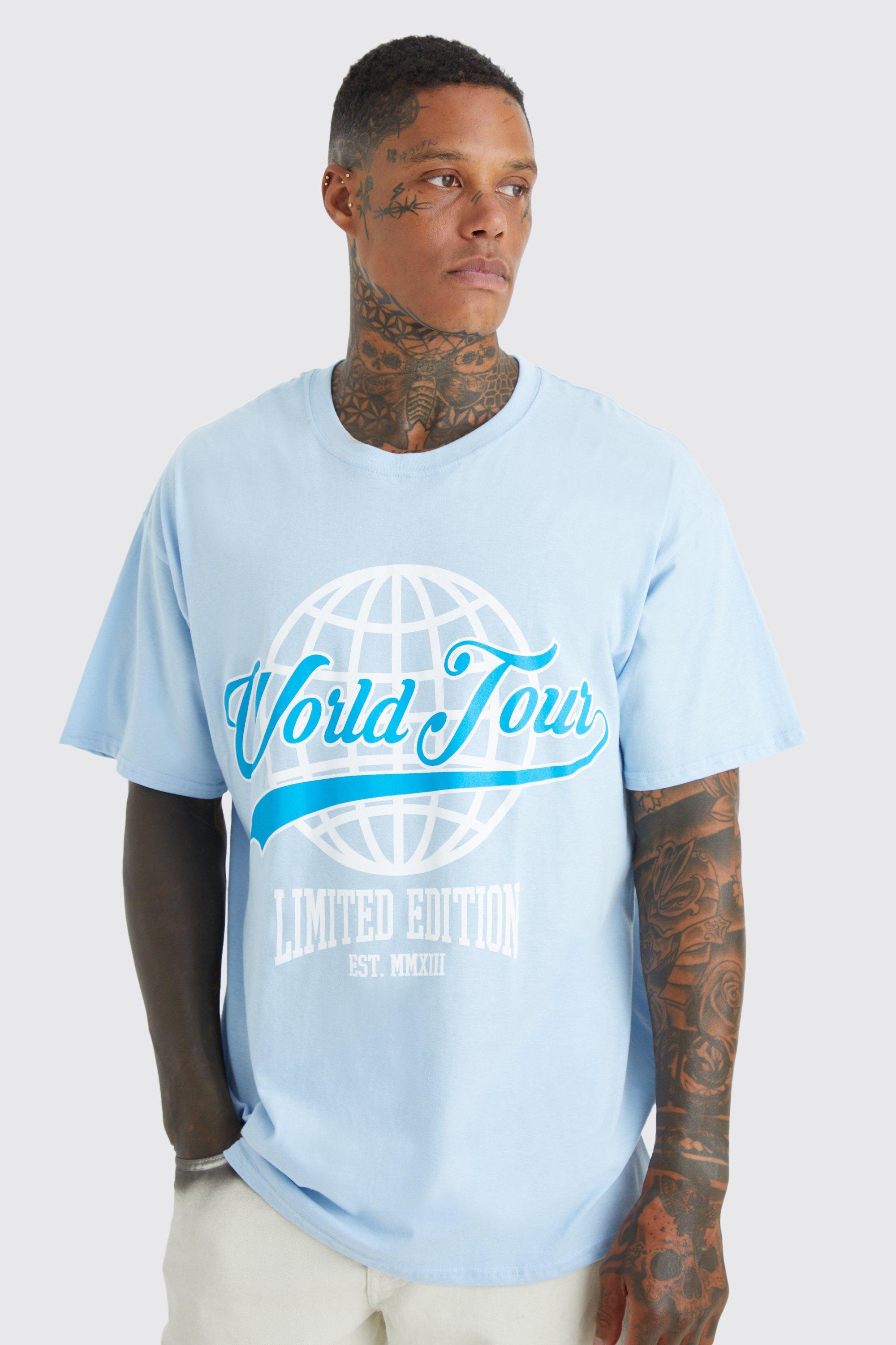 Mens Blue Oversized World Tour Print T-shirt, Blue