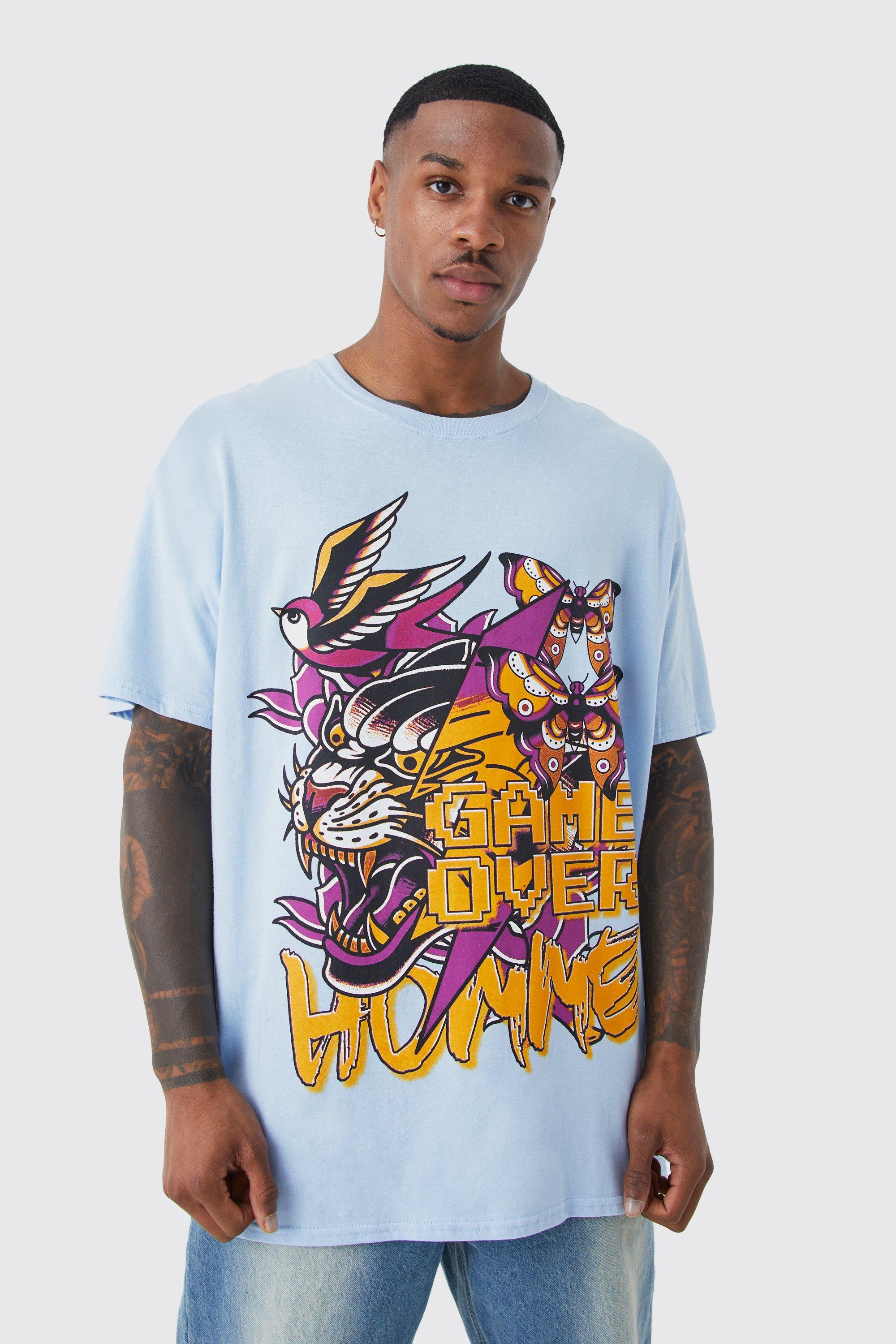 Mens Blue Oversized Tiger Graphic T-shirt, Blue