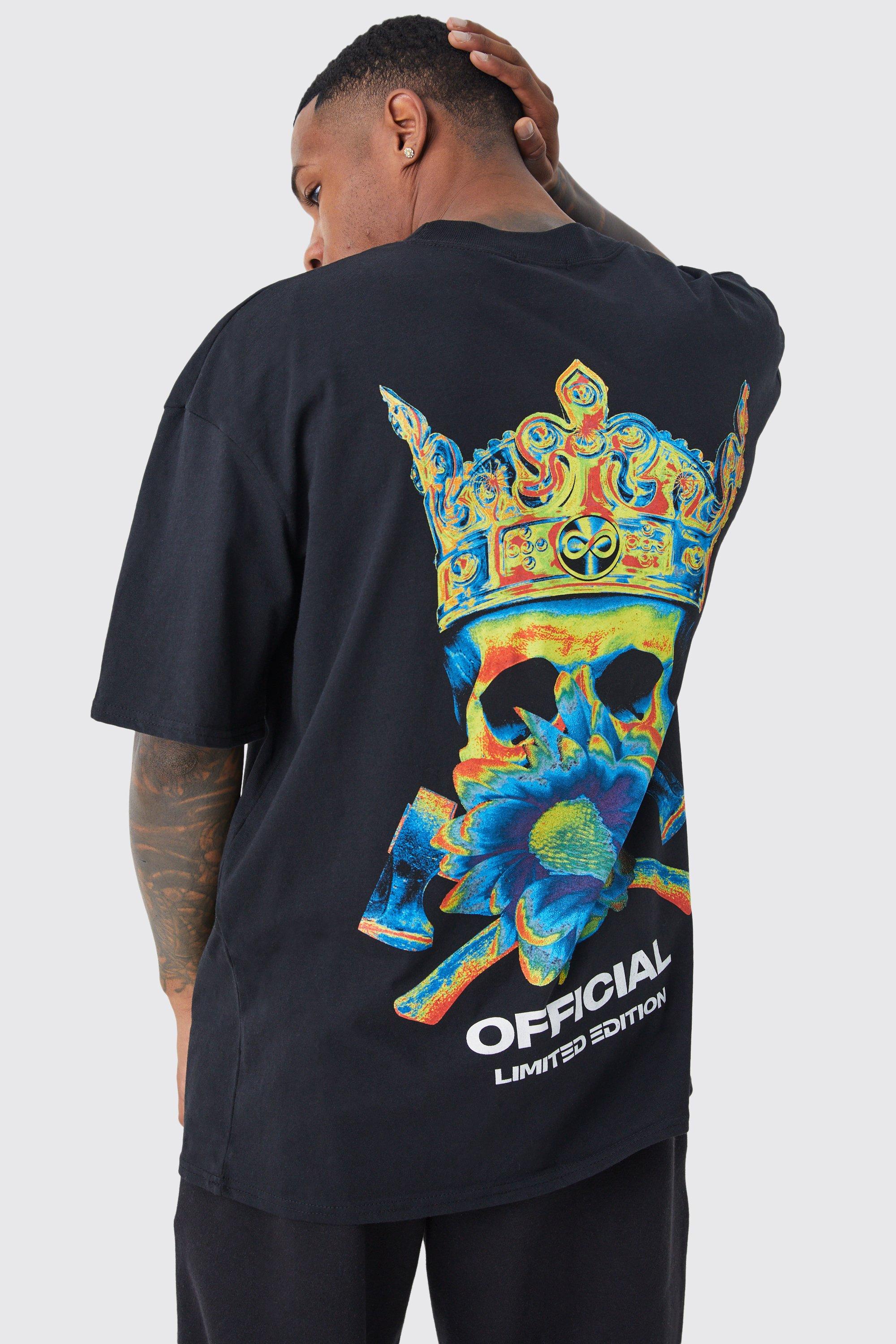 Mens Black Oversized Skull Graphic T-shirt, Black