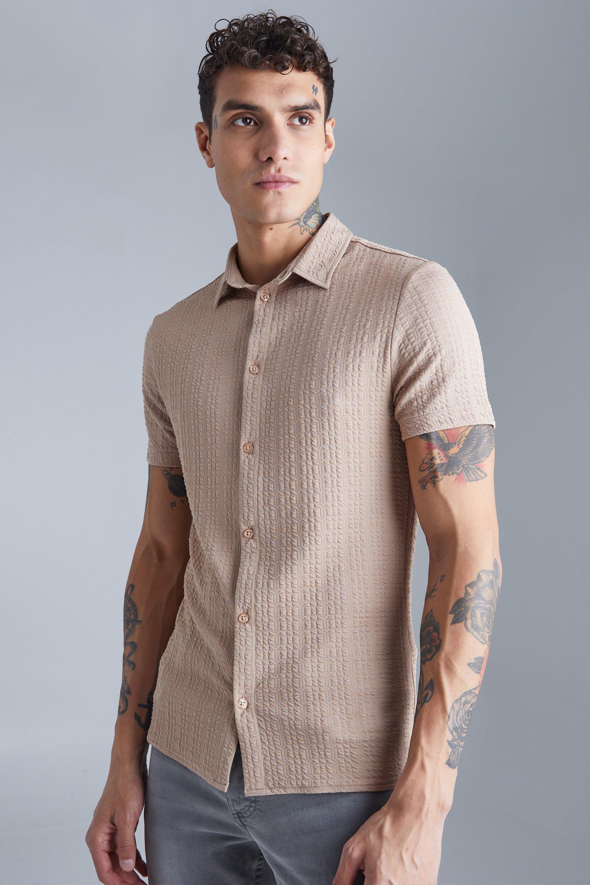 Mens Beige Short Sleeve Textured Compression Shirt, Beige