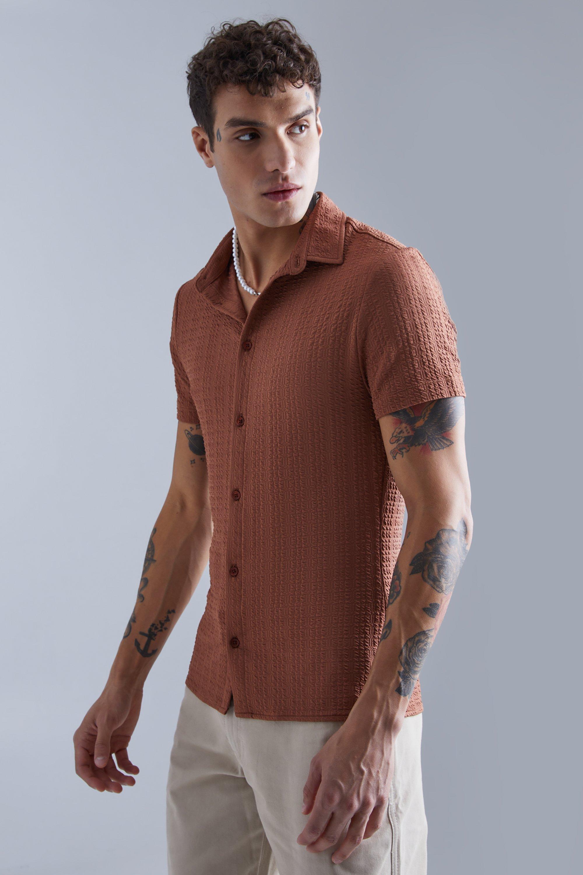 Mens Brown Short Sleeve Muscle Textured Shirt, Brown