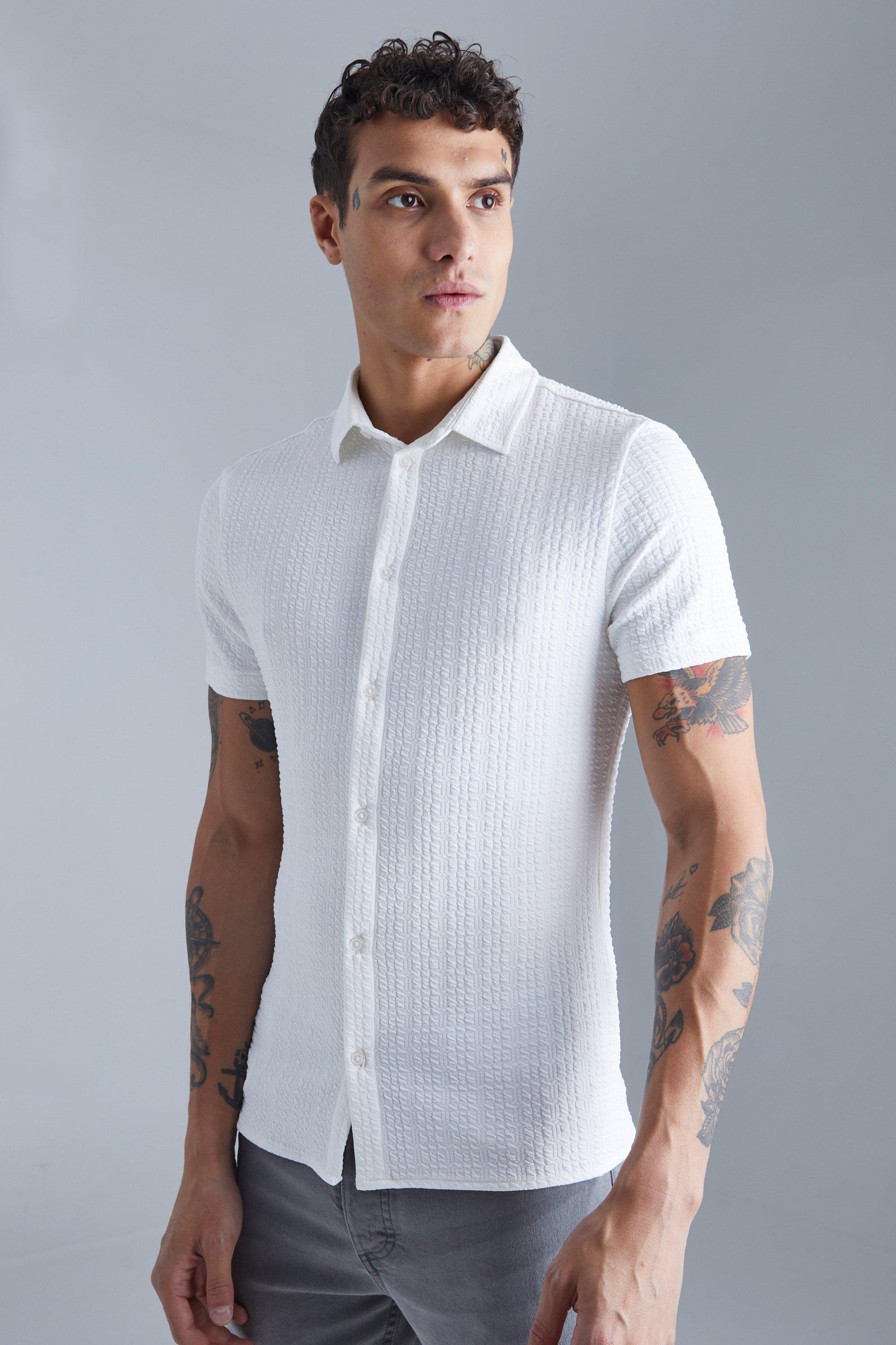 Mens White Short Sleeve Muscle Textured Shirt, White