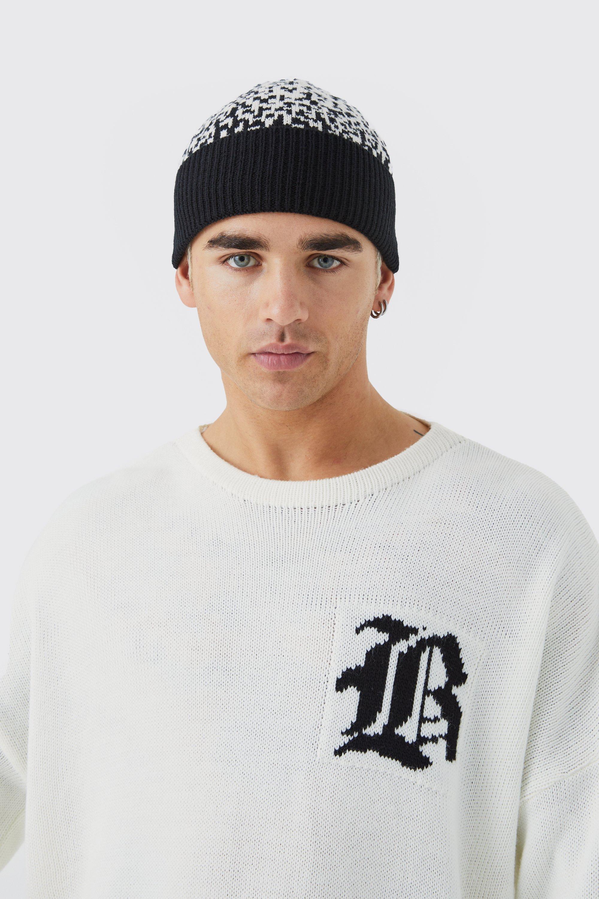 Mens Black Patterned Turn Up Beanie, Black