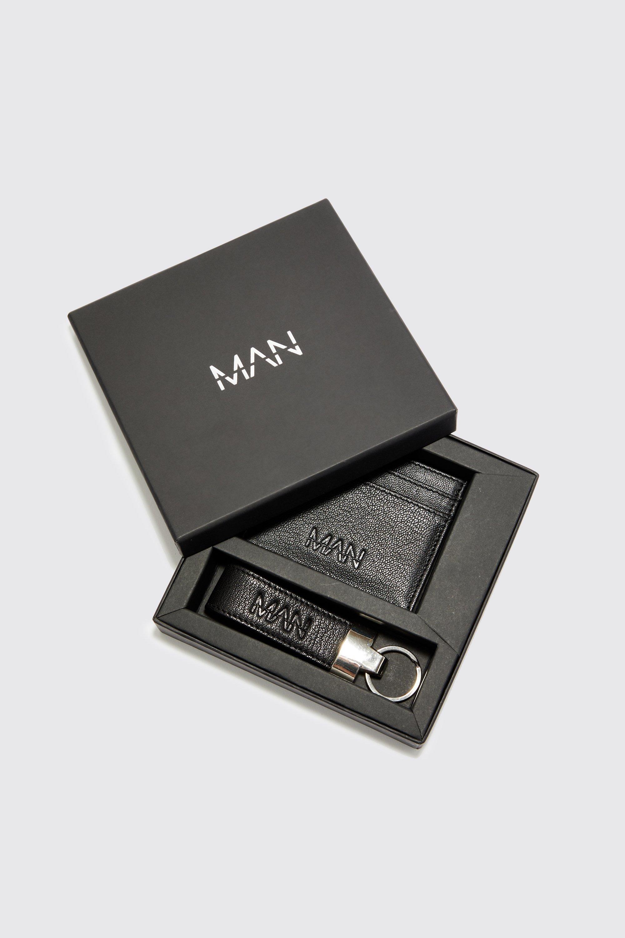 Mens Black Real Leather Cardholder And Key Ring Gift Set, Black