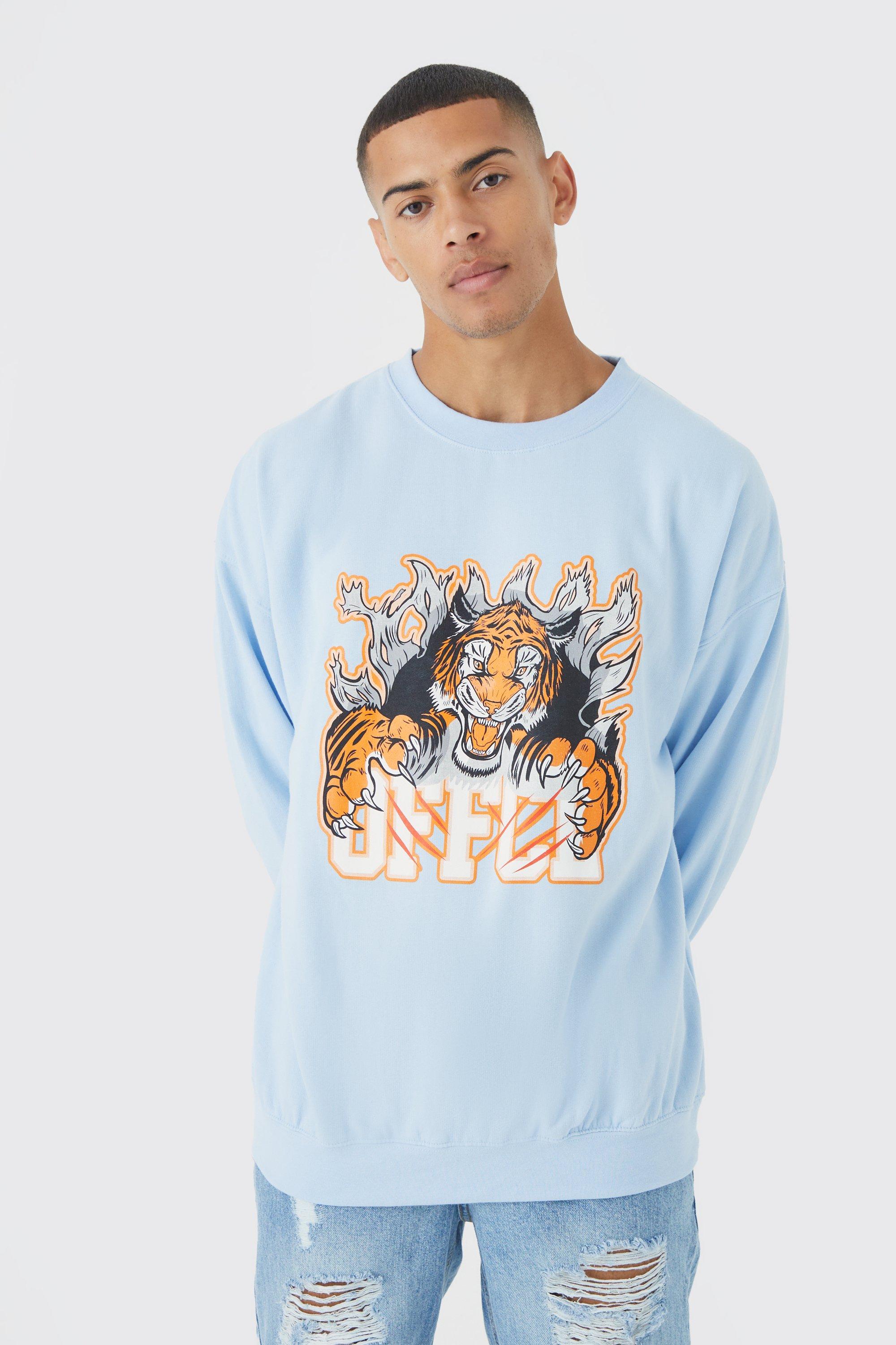 Mens Blue Oversized Offcl Tiger Graphic Sweatshirt, Blue
