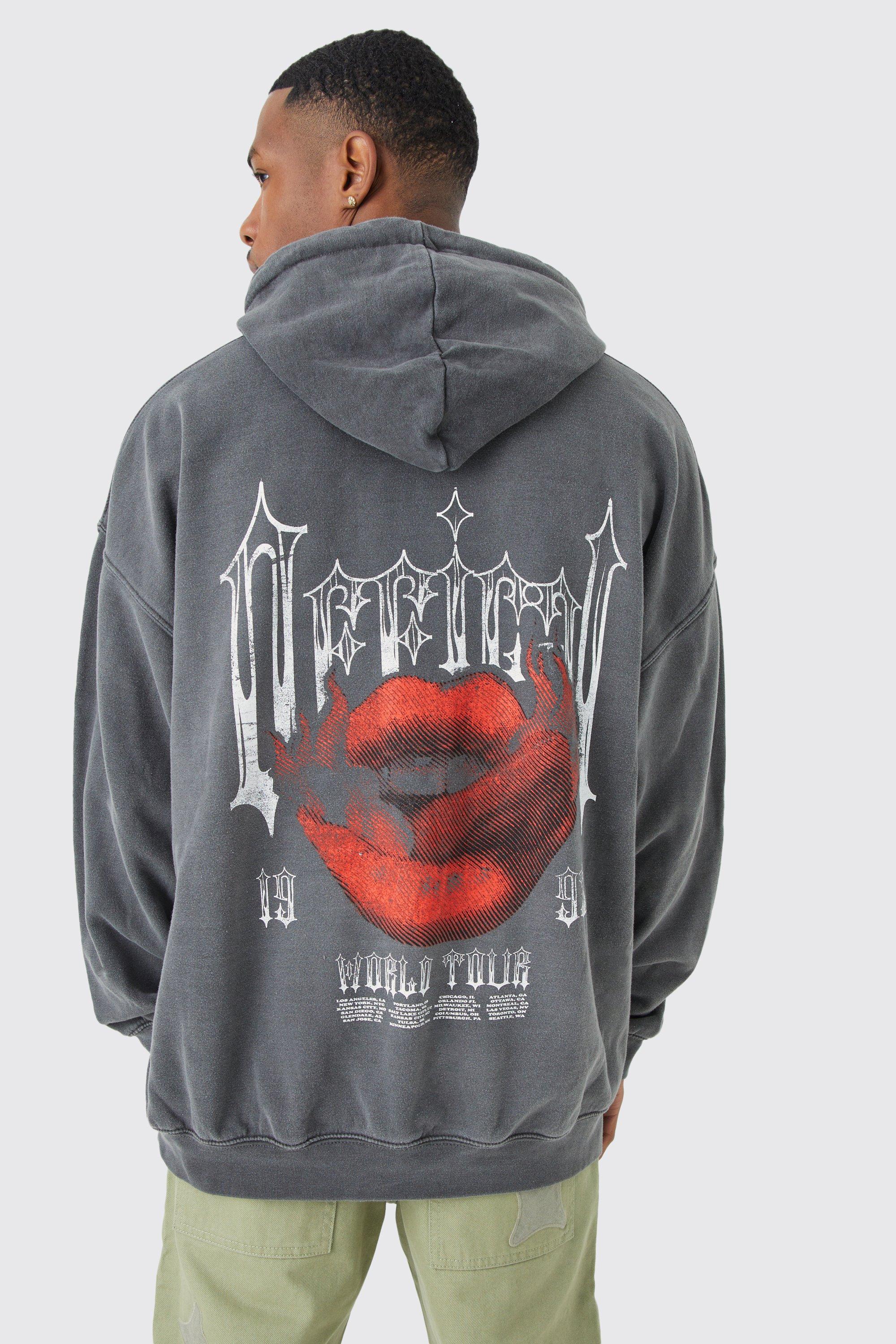 Mens Grey Oversized Overdyed Gothic Lips Graphic Hoodie, Grey