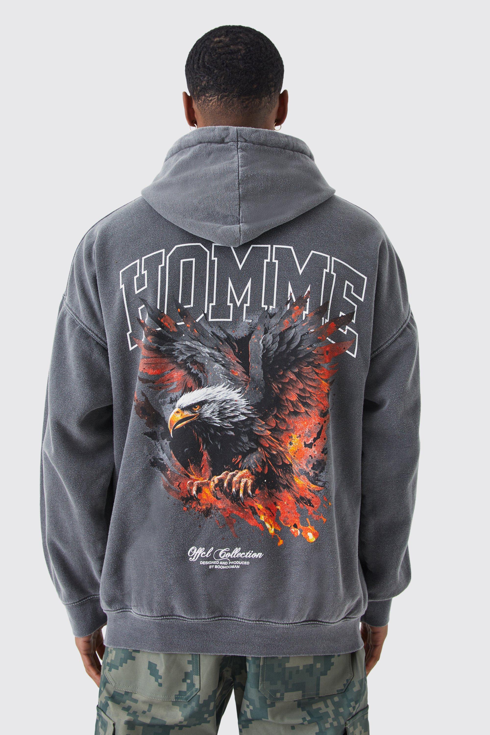 Mens Grey Oversized Overdye Homme Eagle Graphic Hoodie, Grey