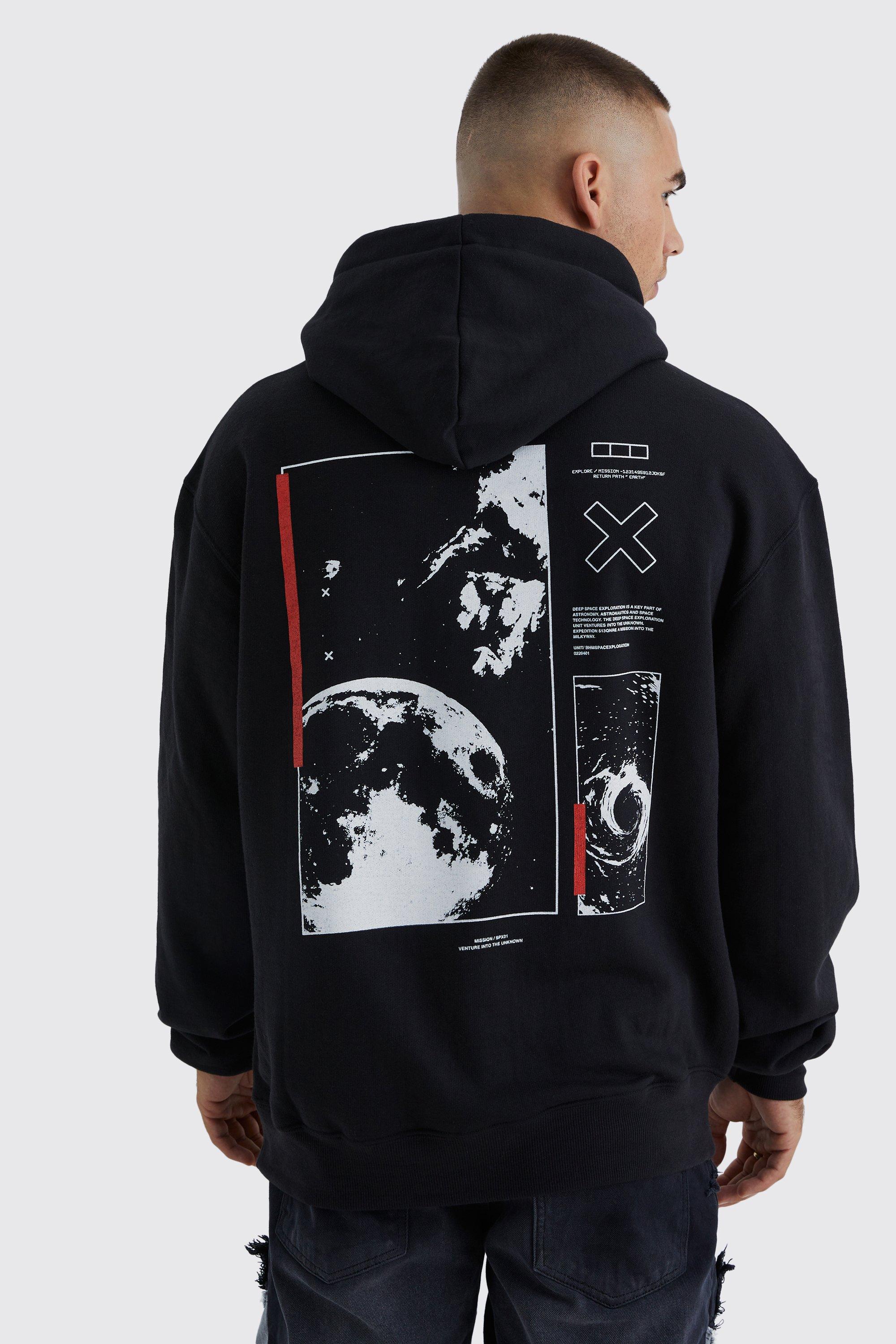 Mens Black Oversized Space Back Print Hoodie, Black