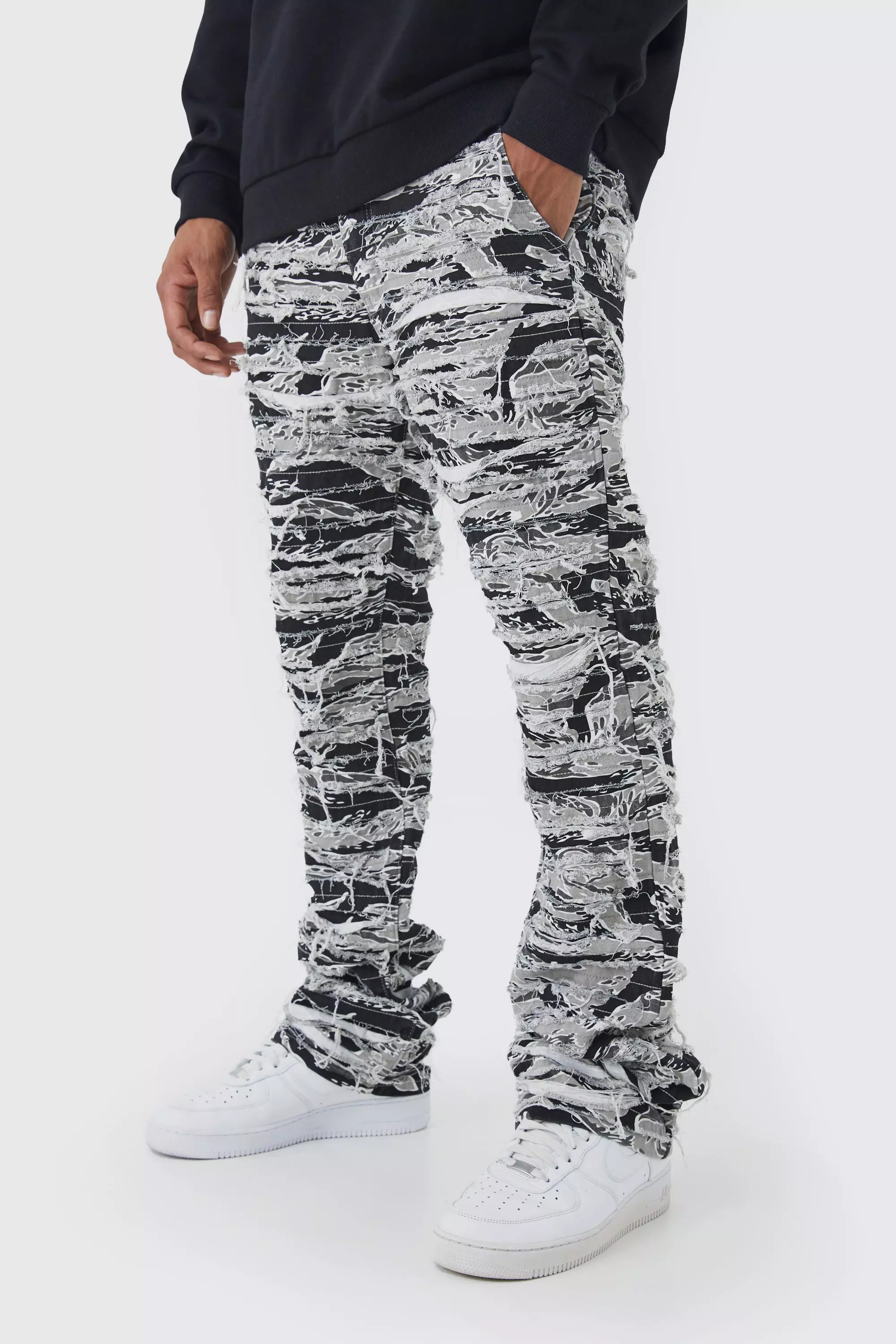 Slim Stacked Flare Heavily Distressed Camo Pants