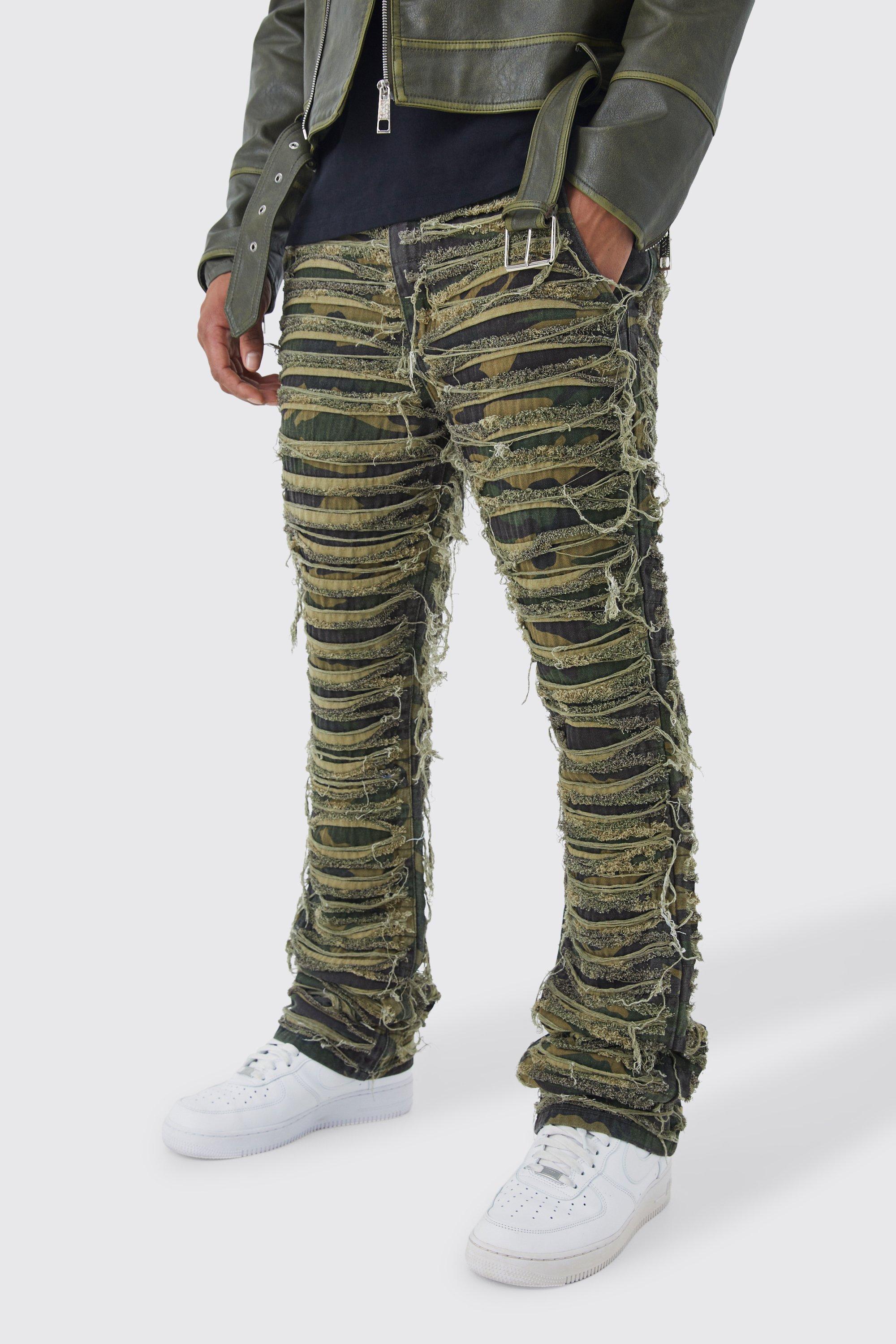 Image of Pantaloni a zampa Slim Fit in fantasia militare con smagliature pesanti, Verde