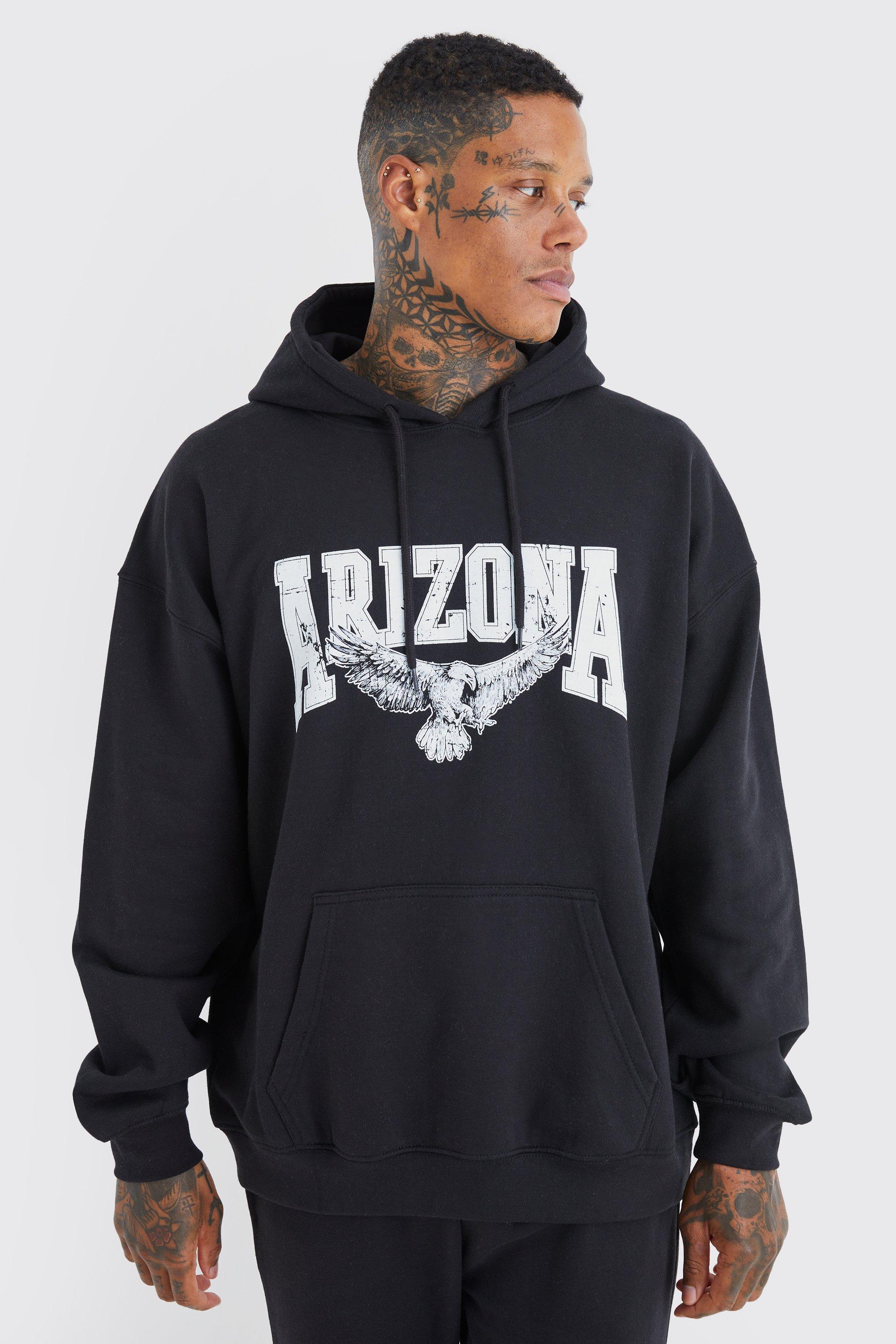Mens Black Oversized Arizona Eagle Graphic Hoodie, Black