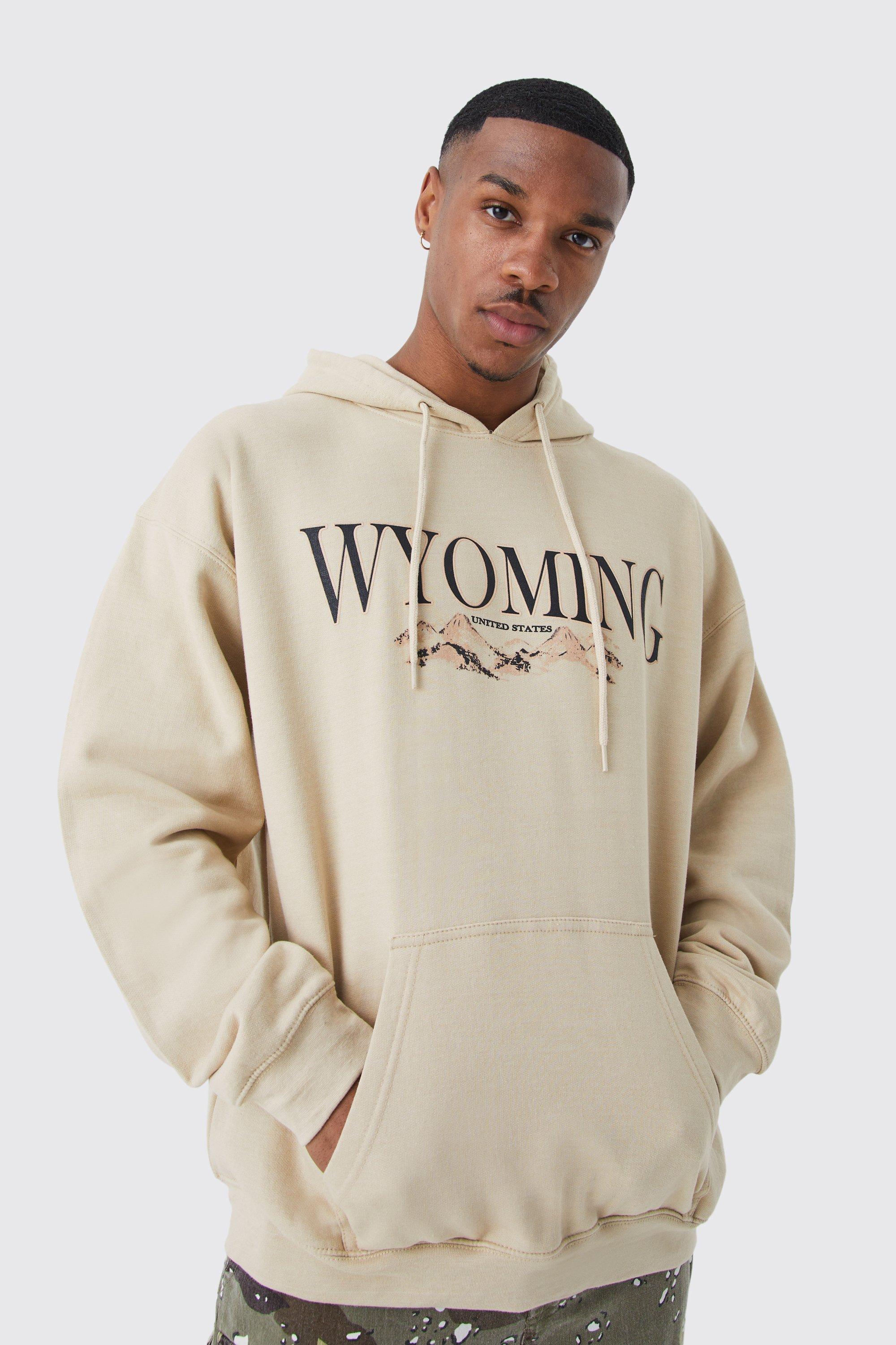 Mens Beige Oversized Wyoming Mountain Graphic Hoodie, Beige