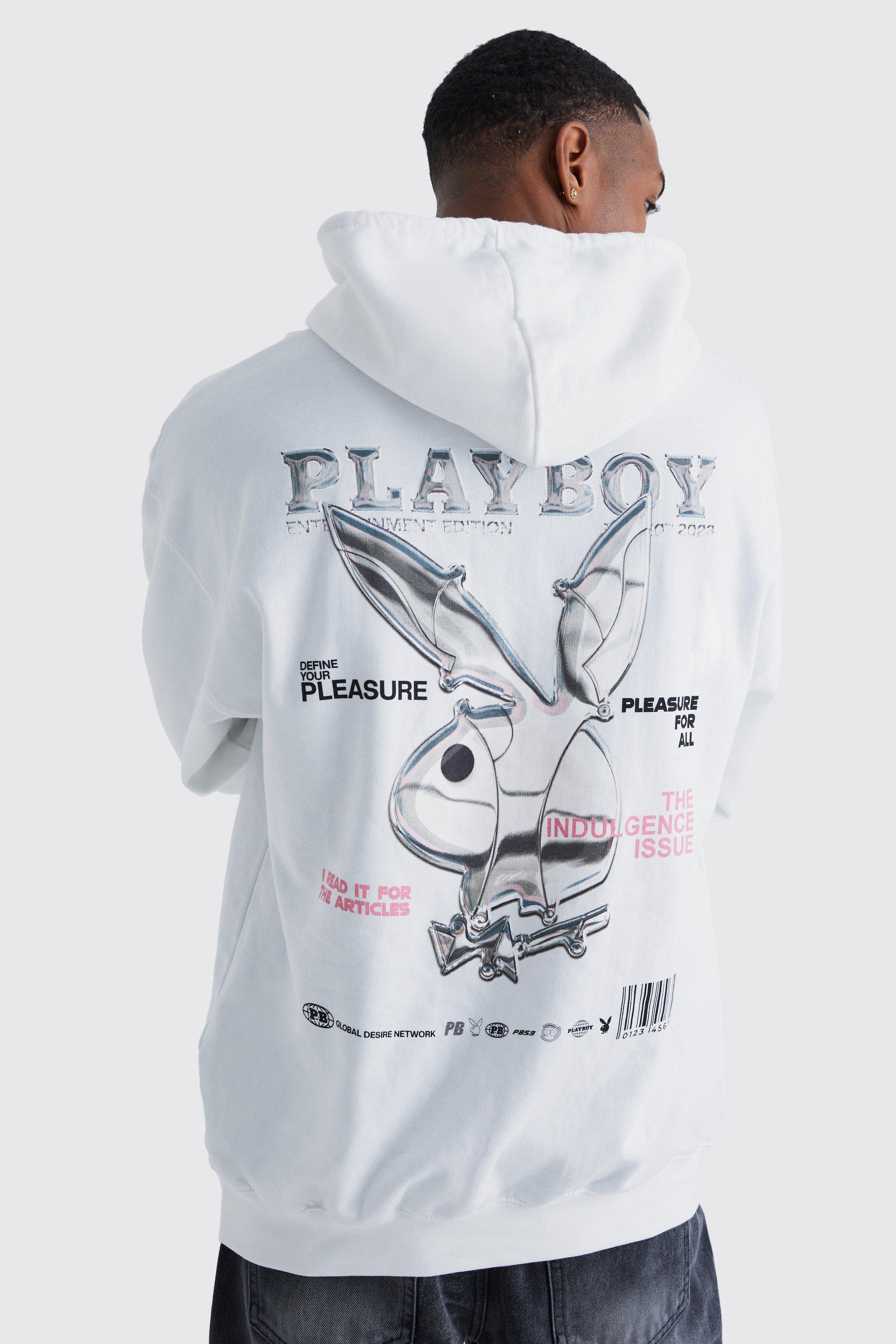 Mens White Oversized Playboy License Hoodie, White