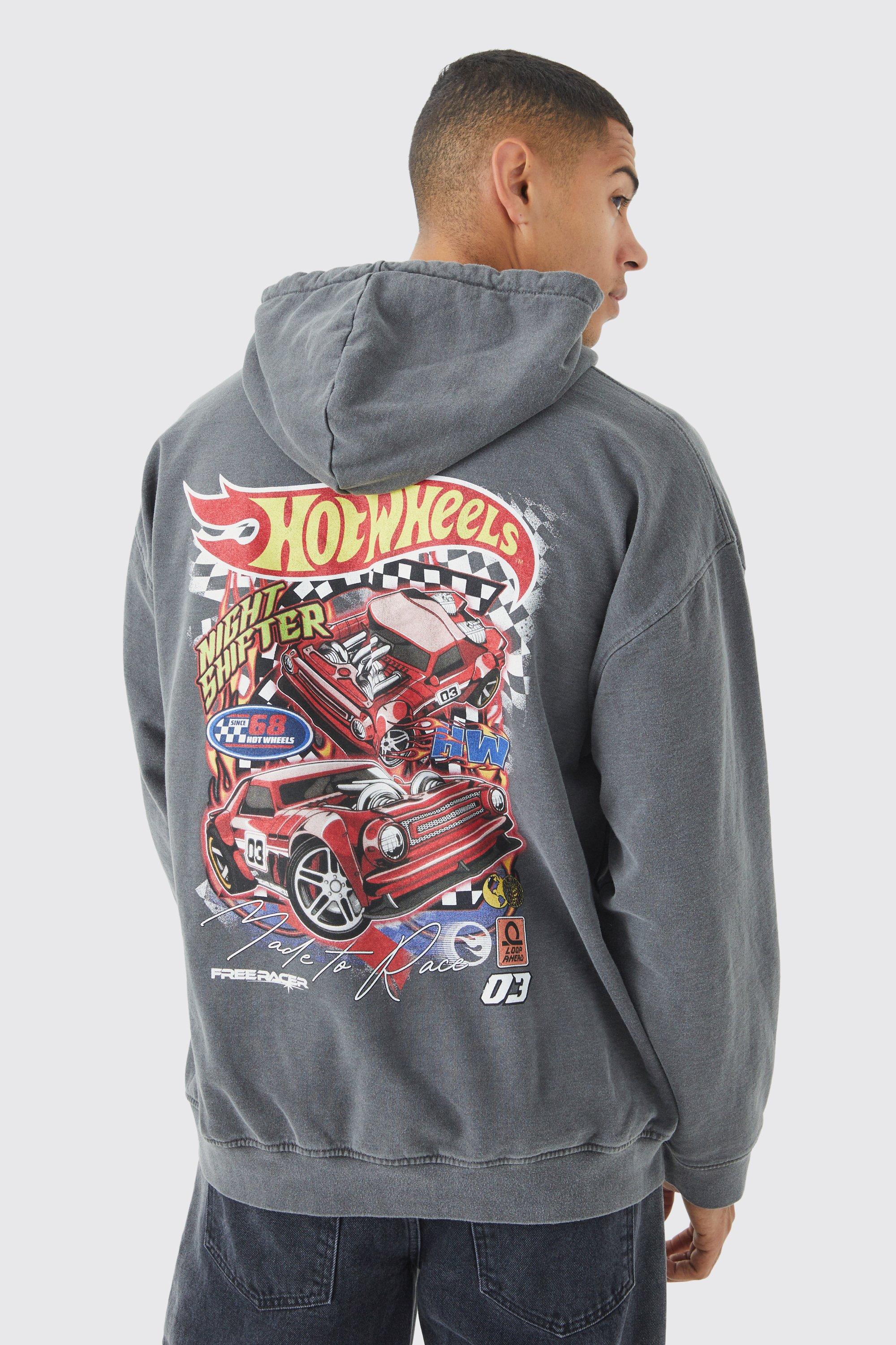Mens Grey Oversized Hot Wheels Washed License Hoodie, Grey