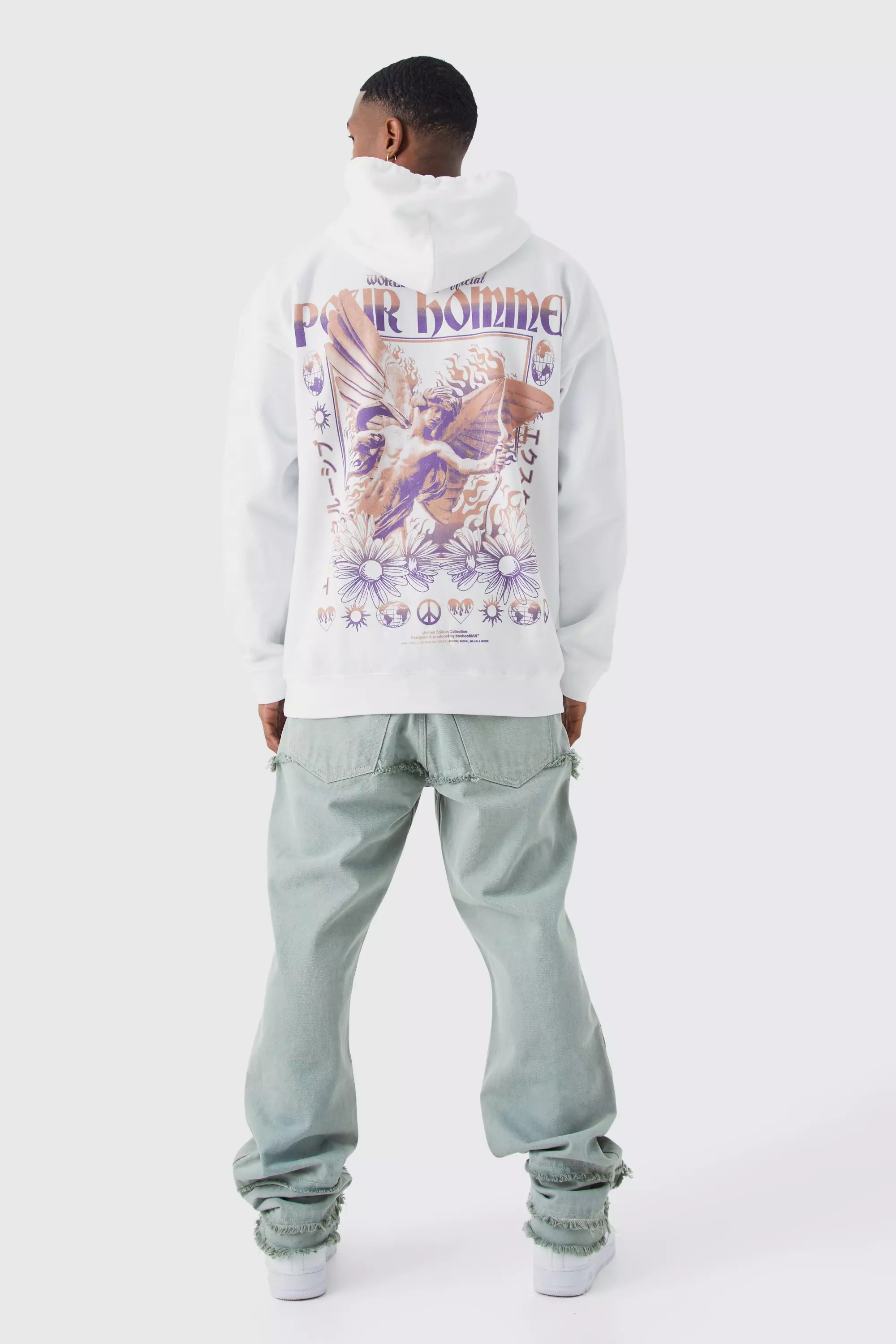 Oversized Floral Cupid Back Graphic Hoodie boohooMAN USA