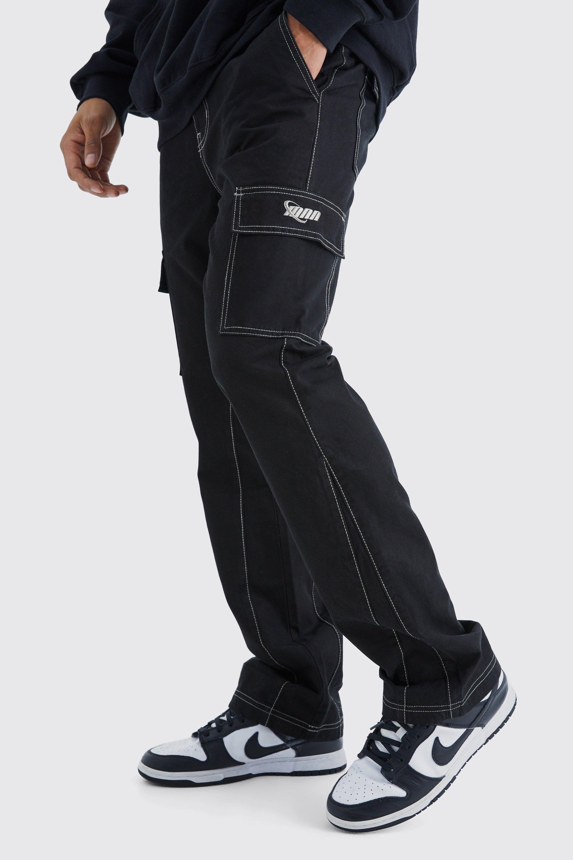 Mens Black Slim Flare Gusset Contrast Stitch Cargo Trouser, Black