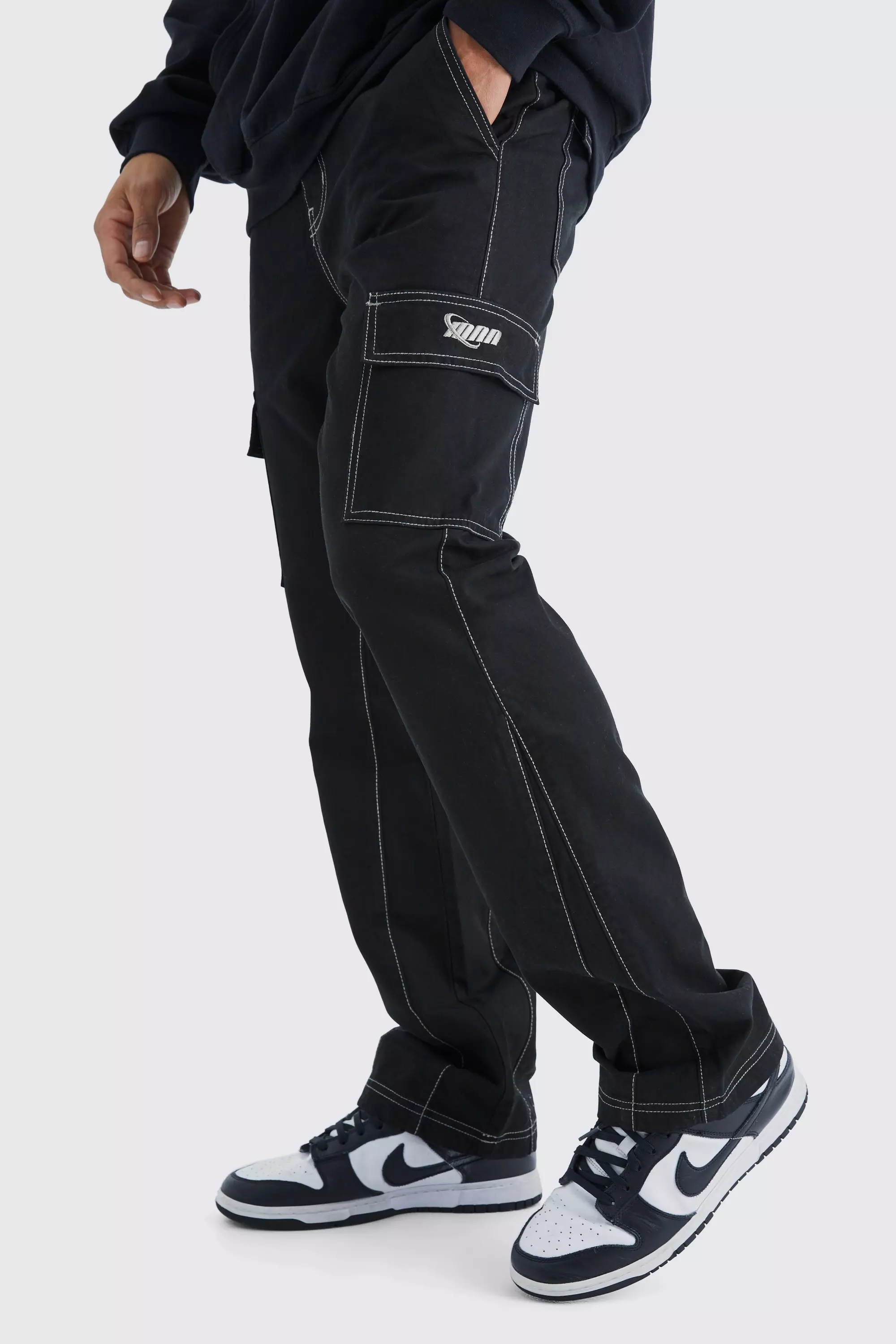 Black cargo trousers white hot sale stitching